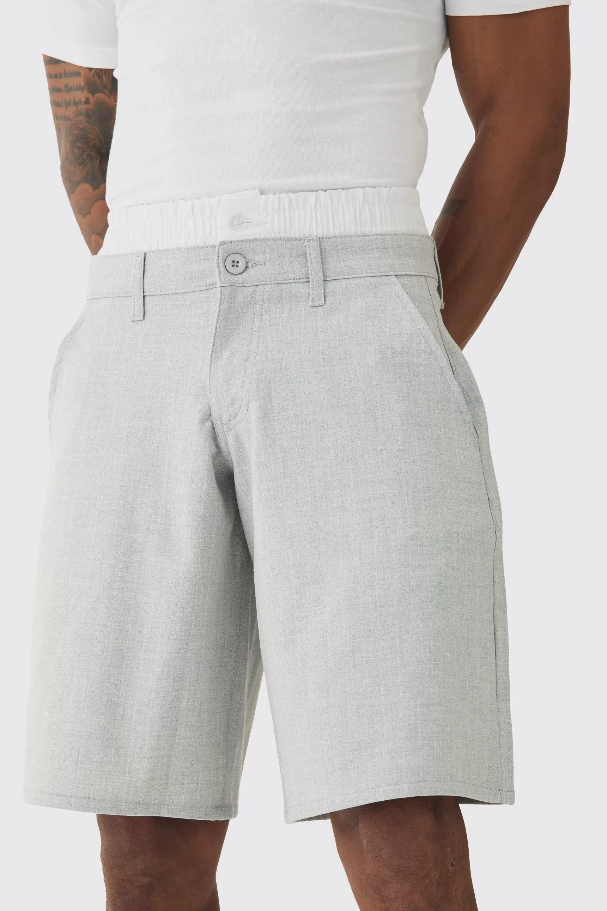 boohooMAN Pinstripe Woven Jort With Boxer Double Waistband | UK