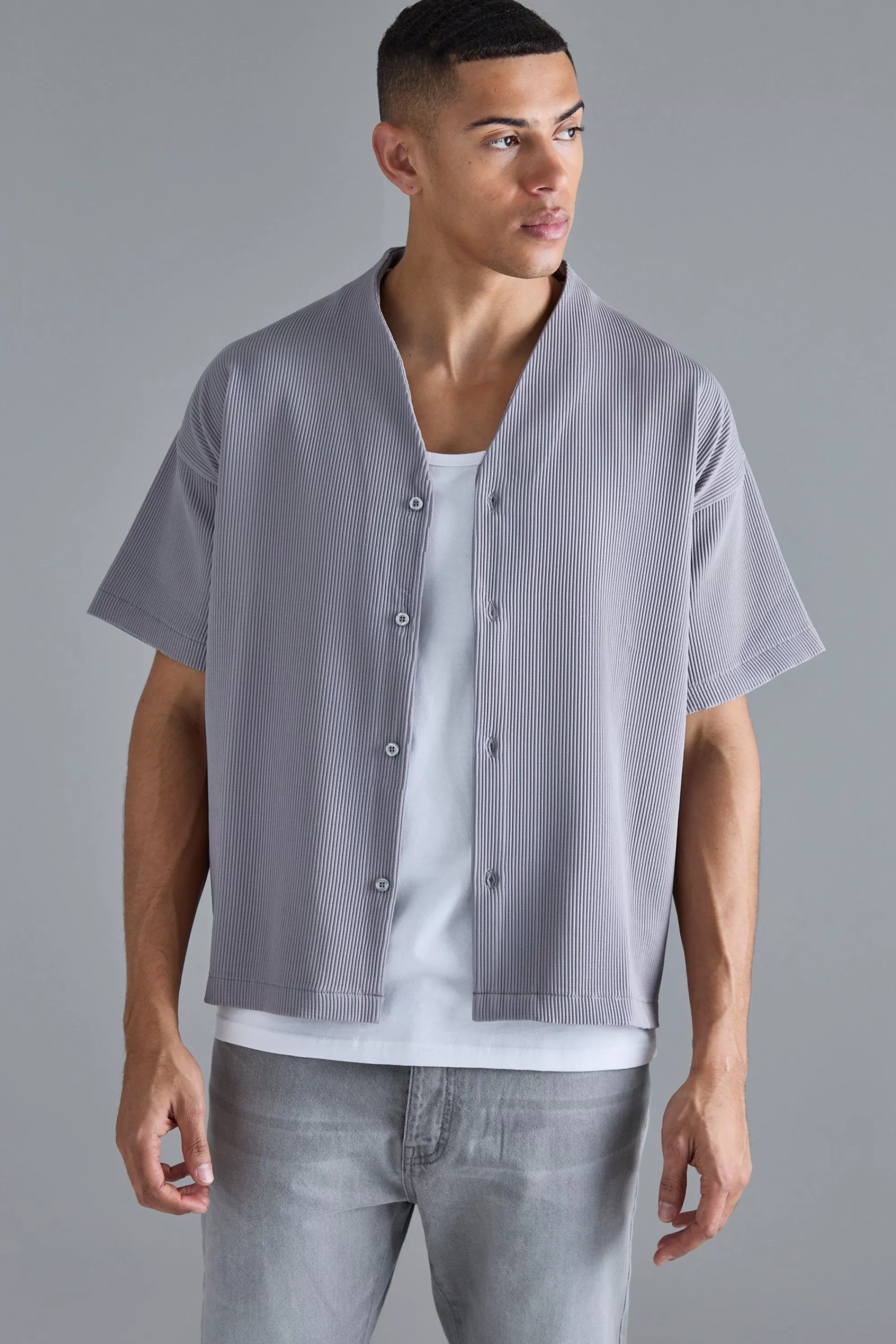 boohooMAN Pleated Boxy Short Sleeve Collarless Shirt | UK