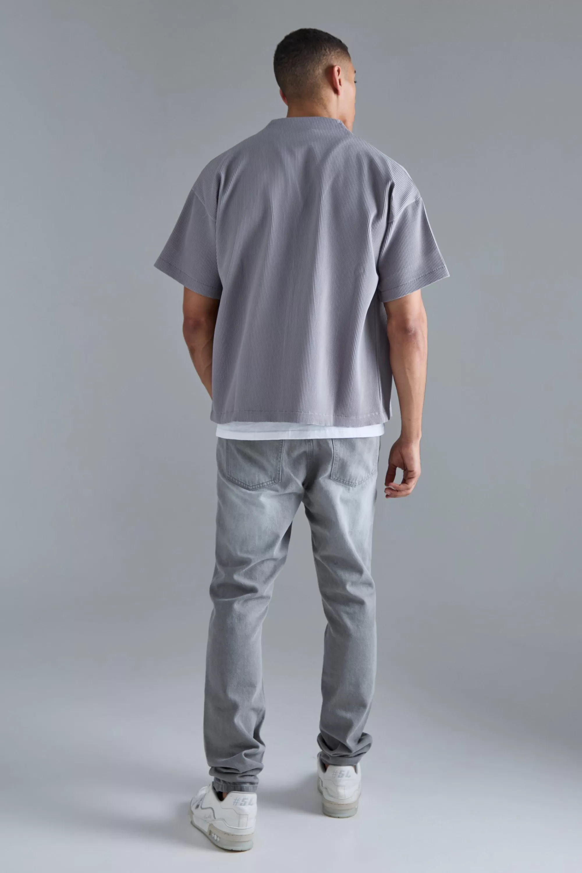 boohooMAN Pleated Boxy Short Sleeve Collarless Shirt | UK