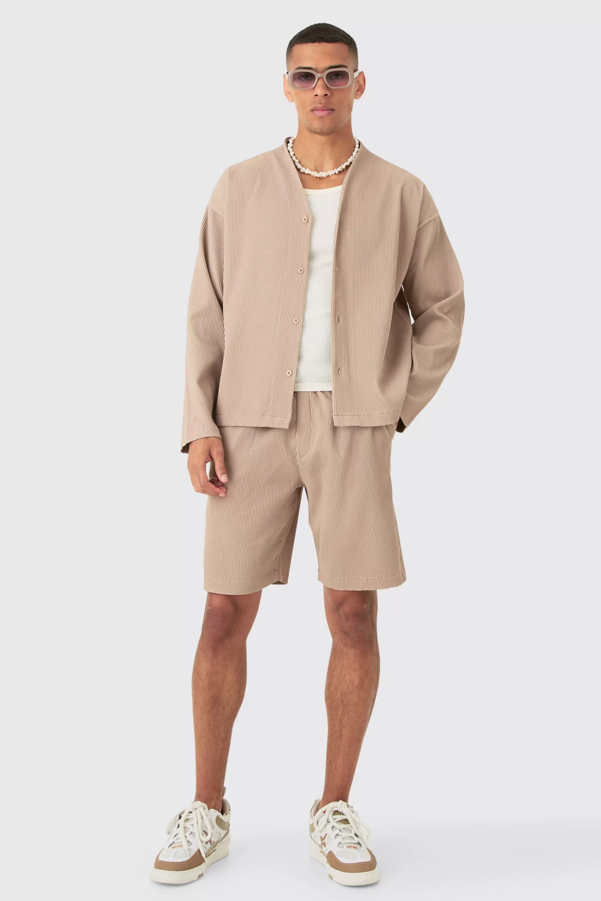 boohooMAN Pleated Longsleeve Collarless Boxy Shirt & Short Set | UK