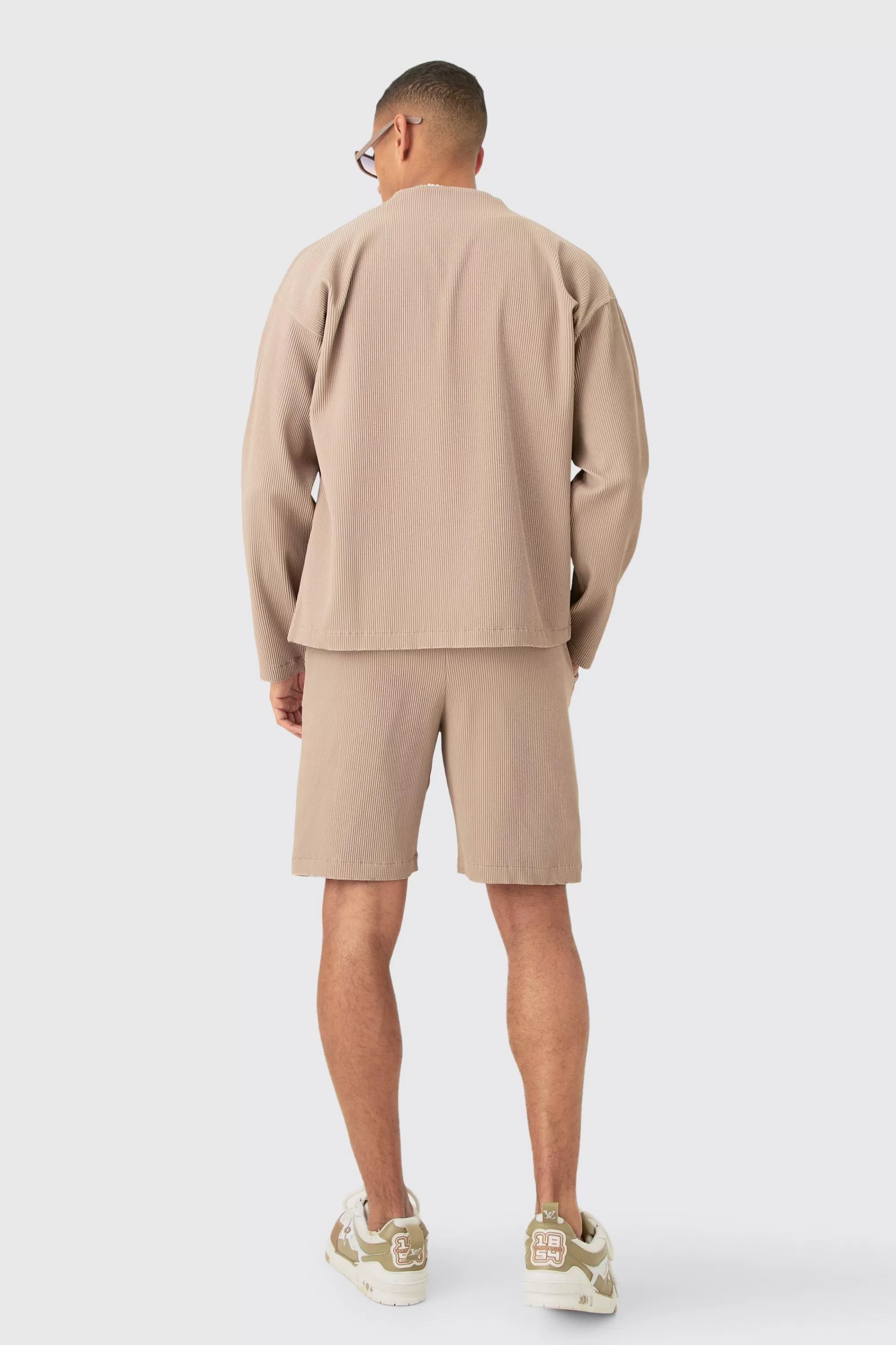 boohooMAN Pleated Longsleeve Collarless Boxy Shirt & Short Set | UK