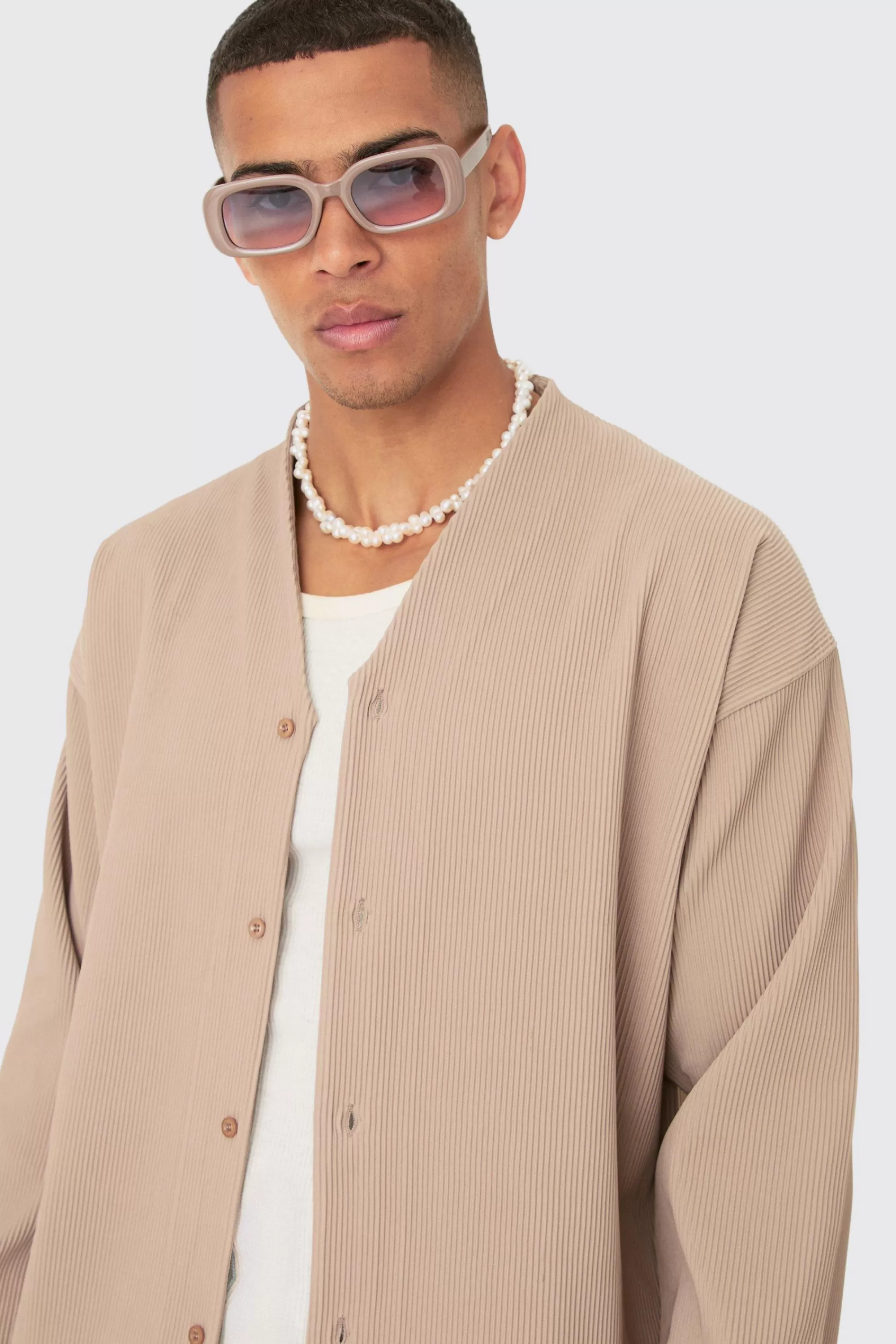 boohooMAN Pleated Longsleeve Collarless Boxy Shirt & Short Set | UK