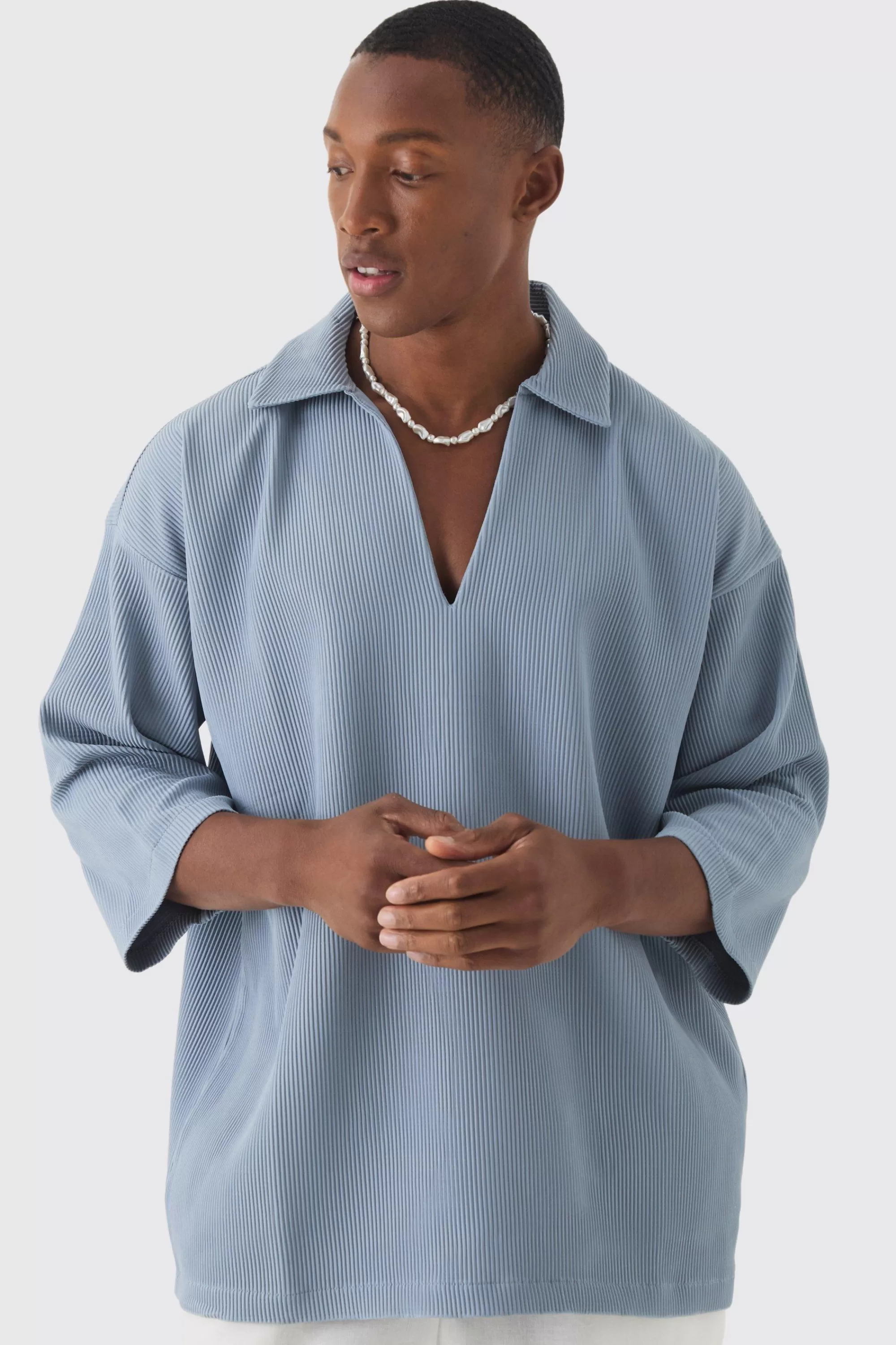boohooMAN Pleated Oversized Boxy V Neck Shirt | UK