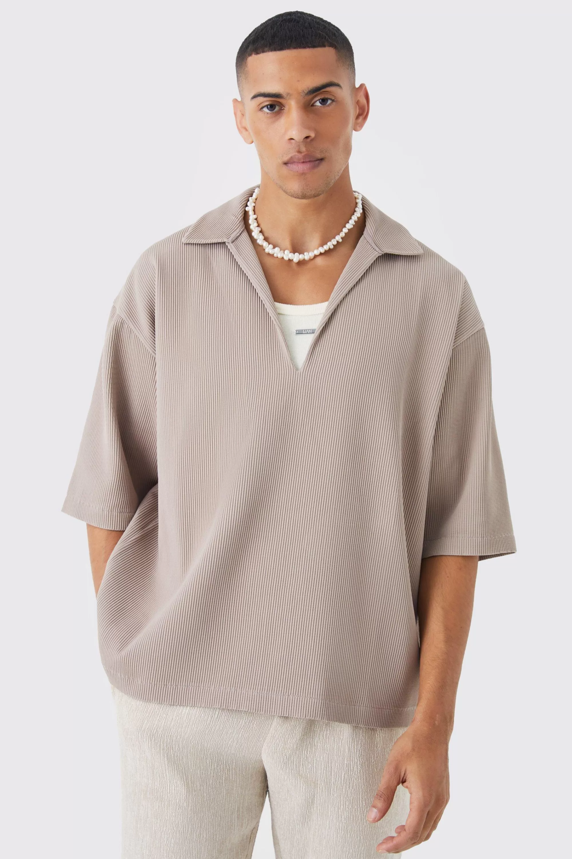 boohooMAN Pleated Oversized V Neck Shirt | UK