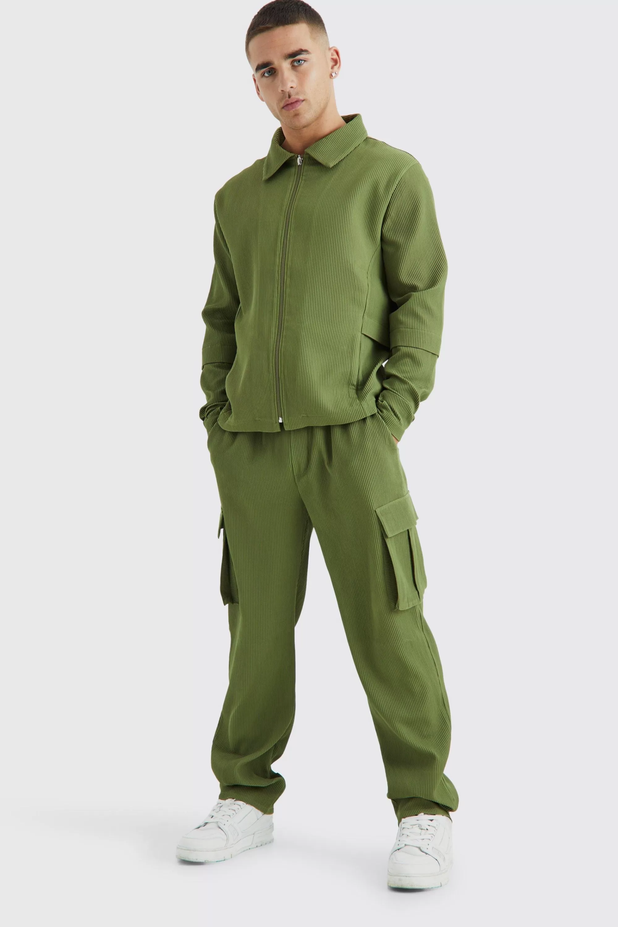 boohooMAN Pleated Zip Shirt & Elasticated Straight Cargo Set | UK