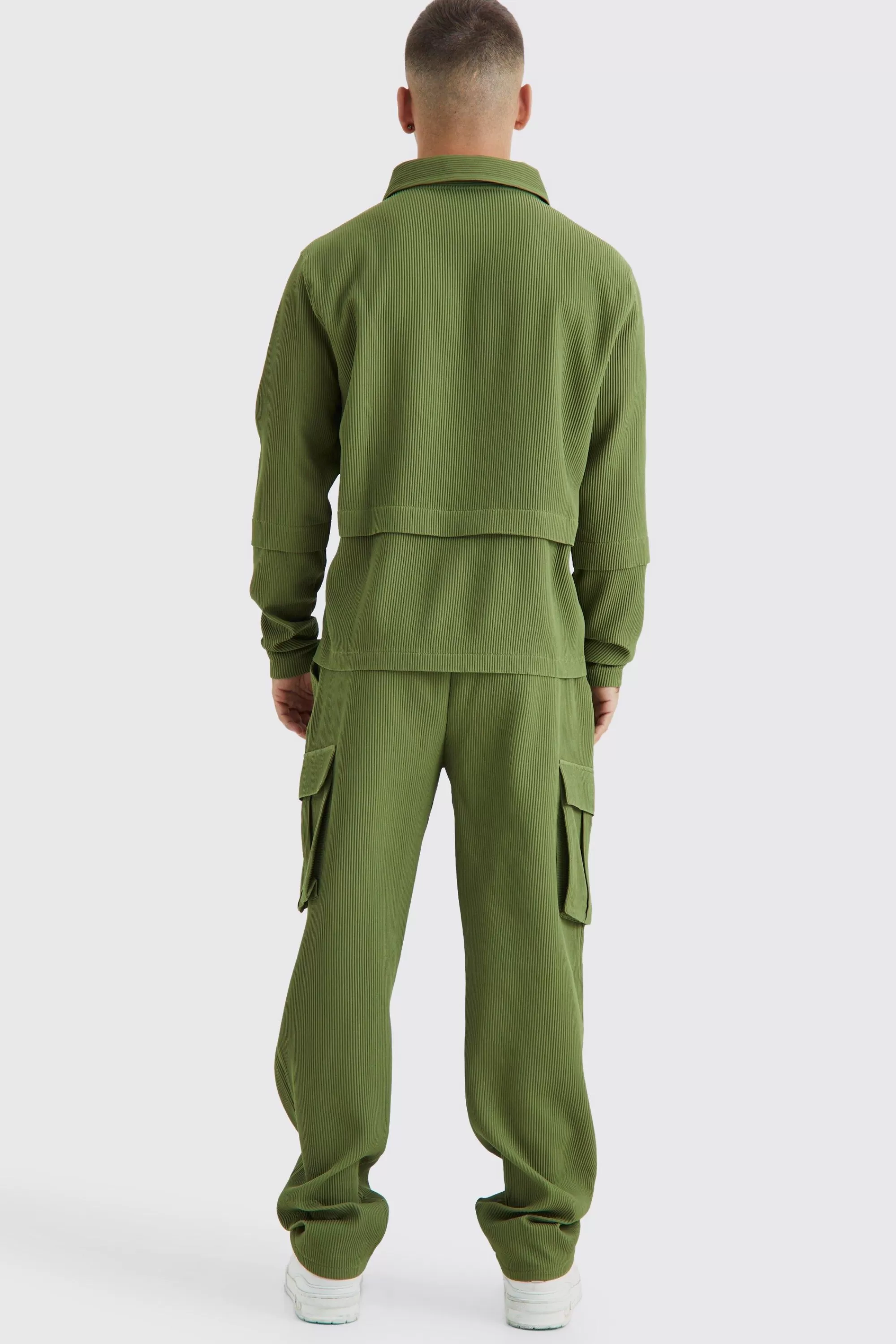 boohooMAN Pleated Zip Shirt & Elasticated Straight Cargo Set | UK