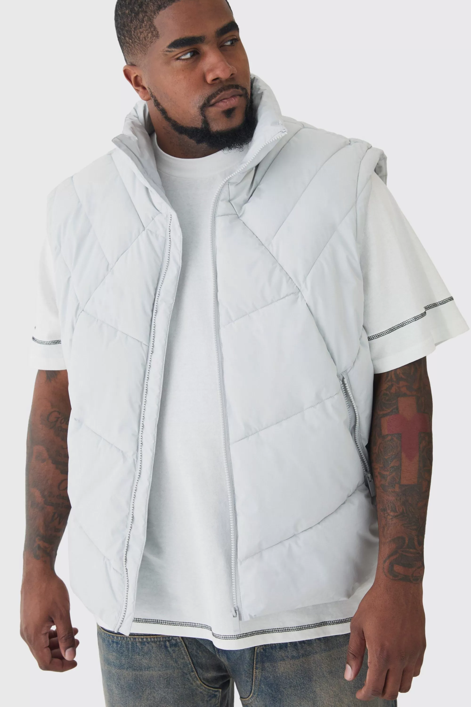 boohooMAN Plus Abstract Quilted Funnel Neck Gilet In | UK