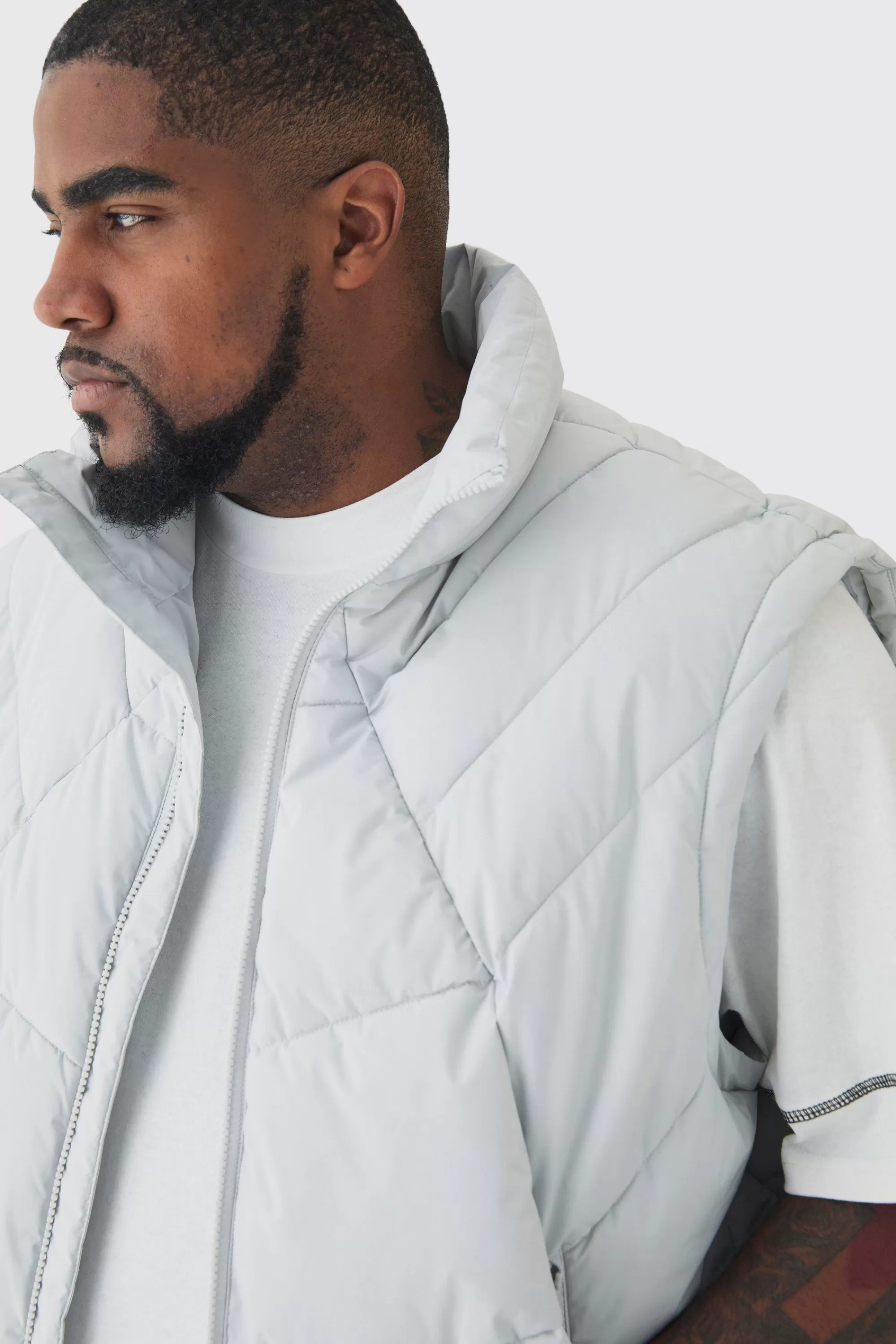 boohooMAN Plus Abstract Quilted Funnel Neck Gilet In | UK