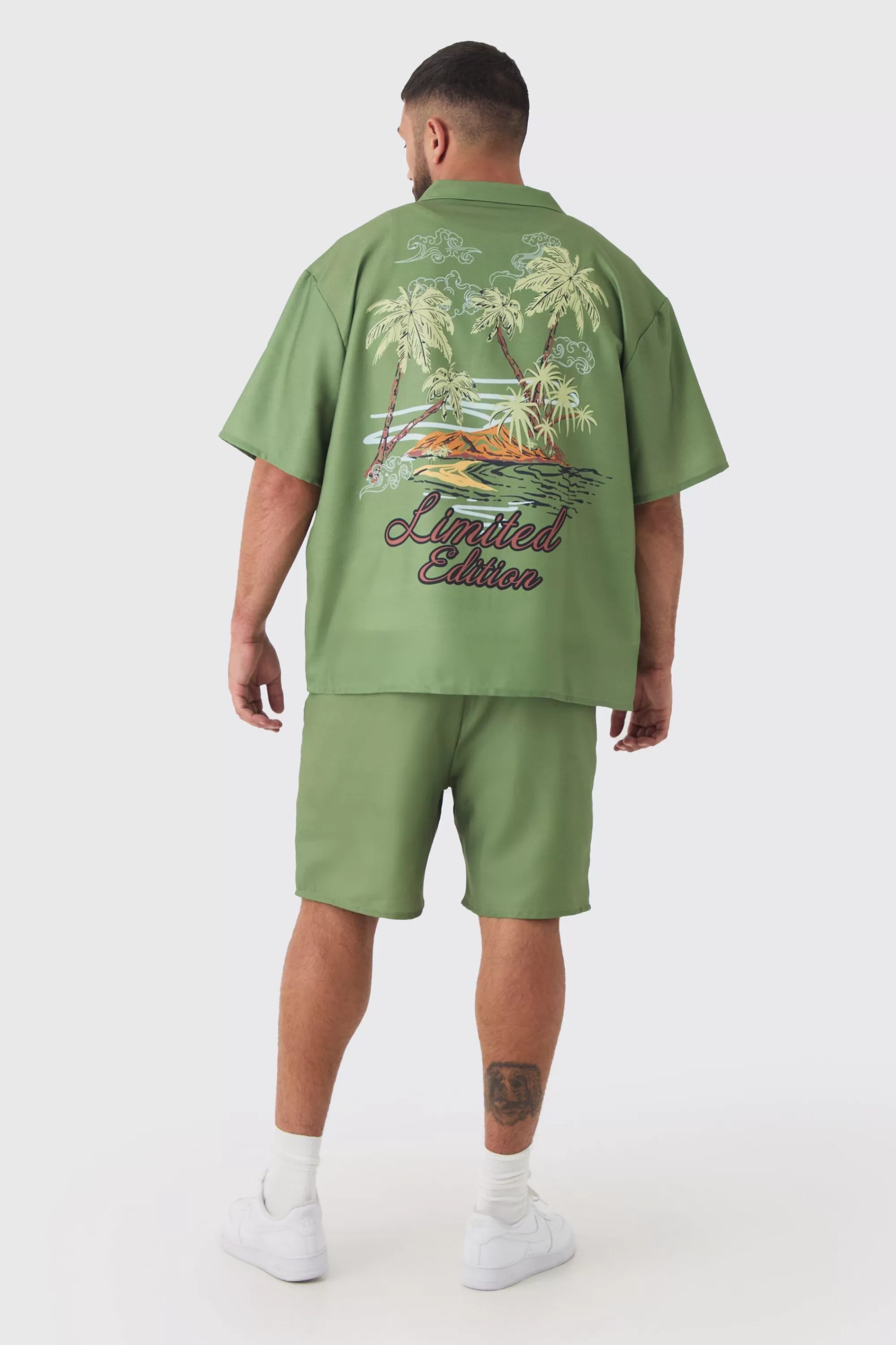 boohooMAN Plus Back Print Linen Look Shirt & Short Set | UK