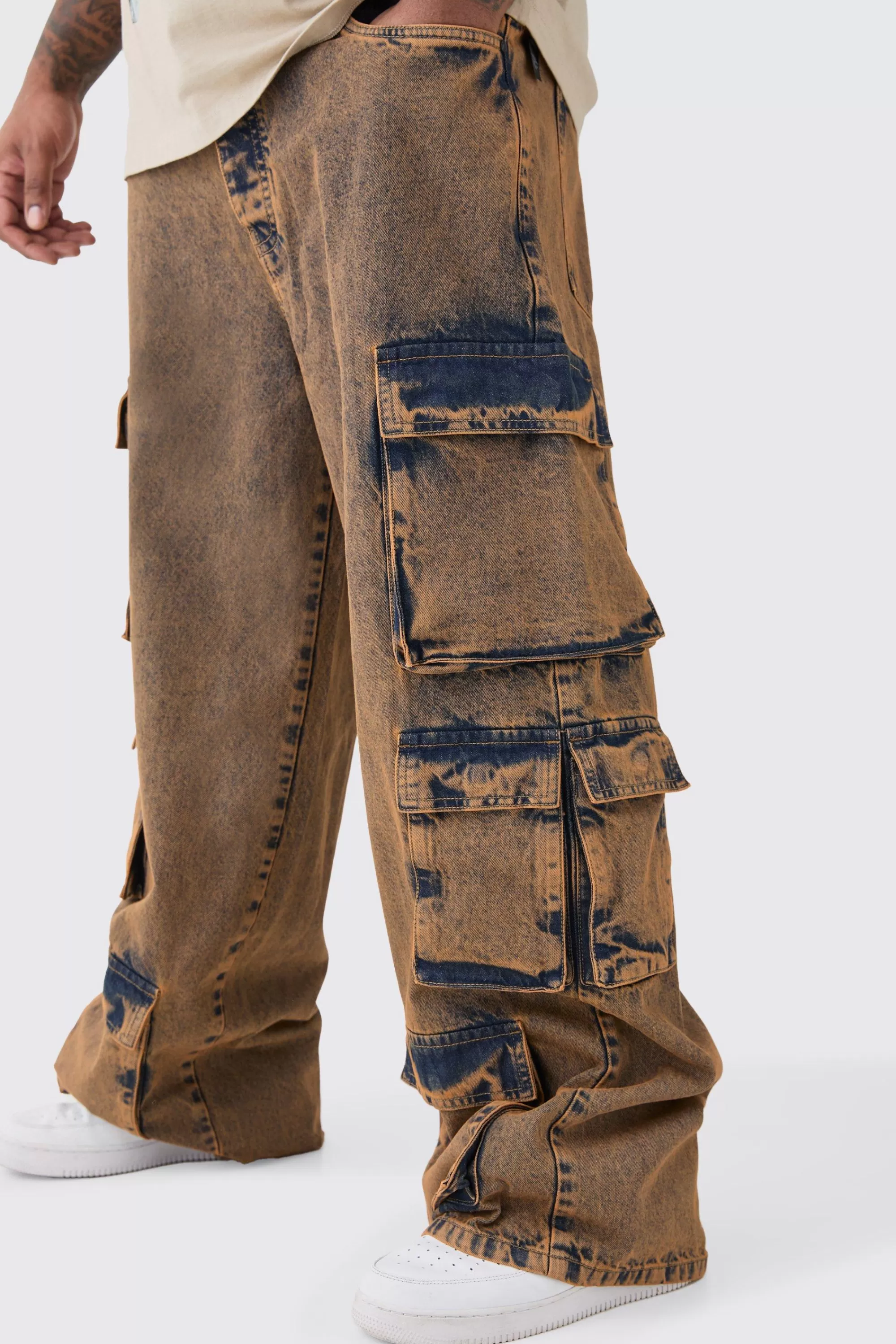 boohooMAN Plus Baggy Fit Acid Wash Cargo Jeans | UK