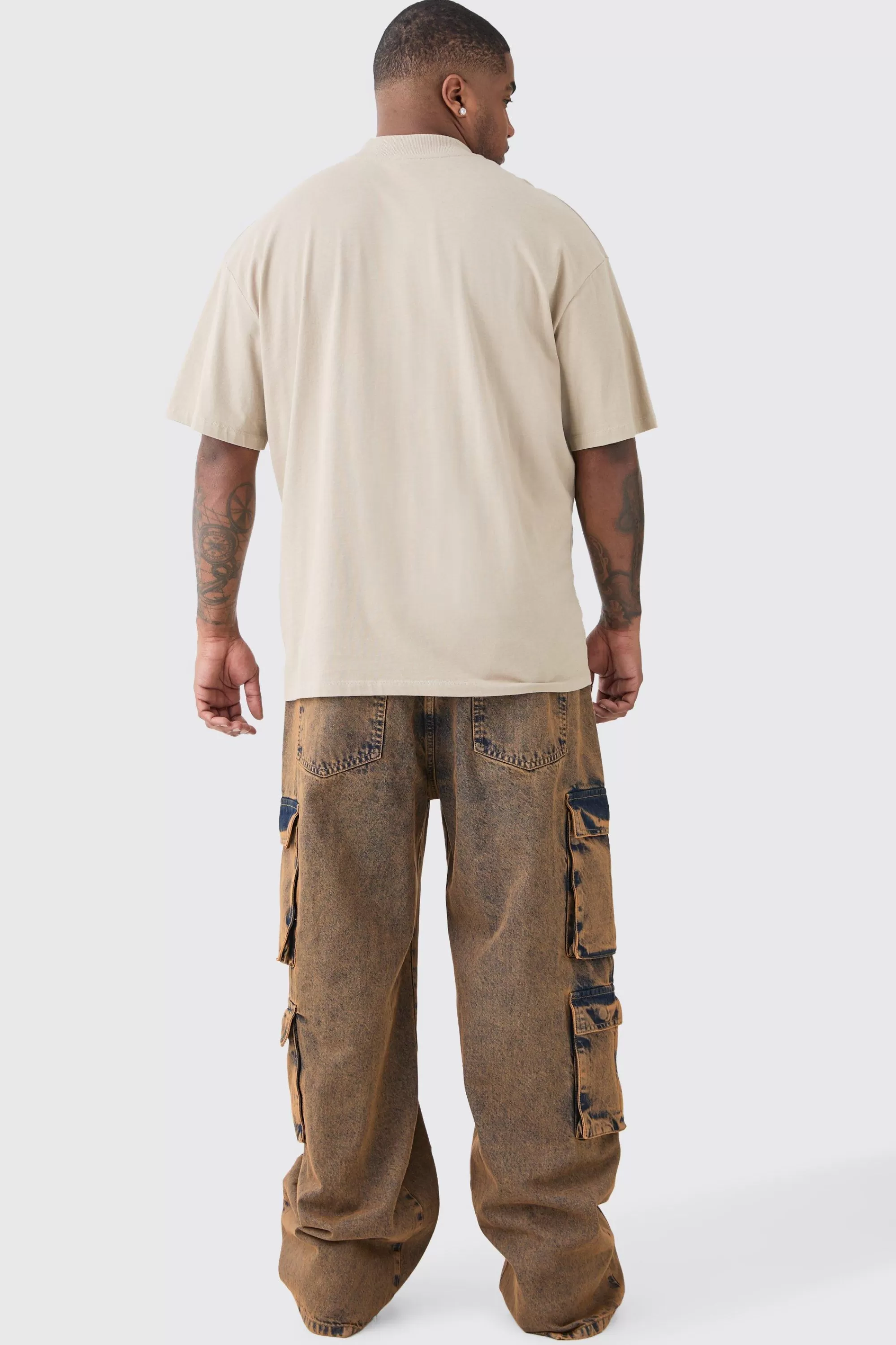 boohooMAN Plus Baggy Fit Acid Wash Cargo Jeans | UK