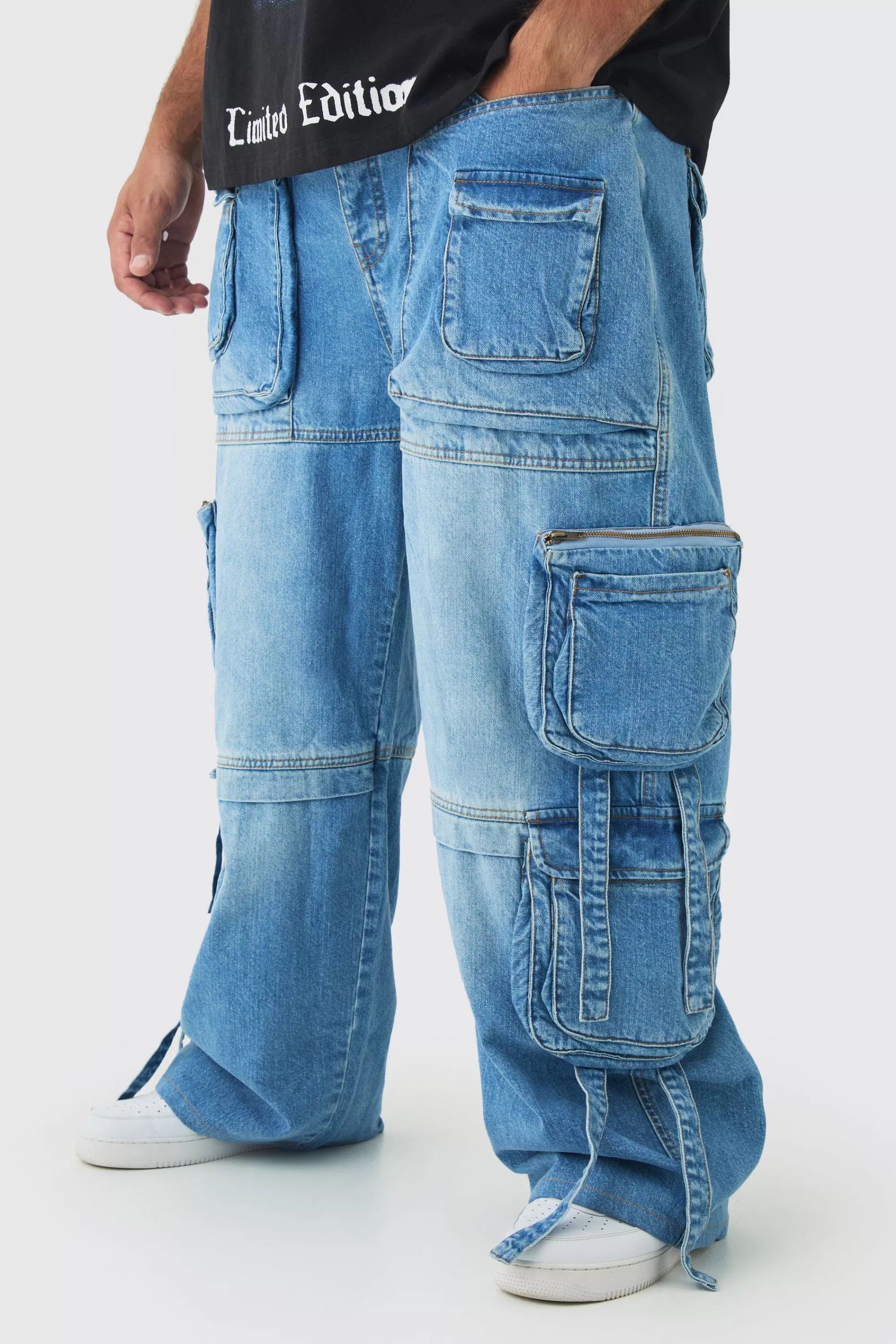 boohooMAN Plus Baggy Rigid Multi Pocket Strap Detail Cargo Jeans | UK
