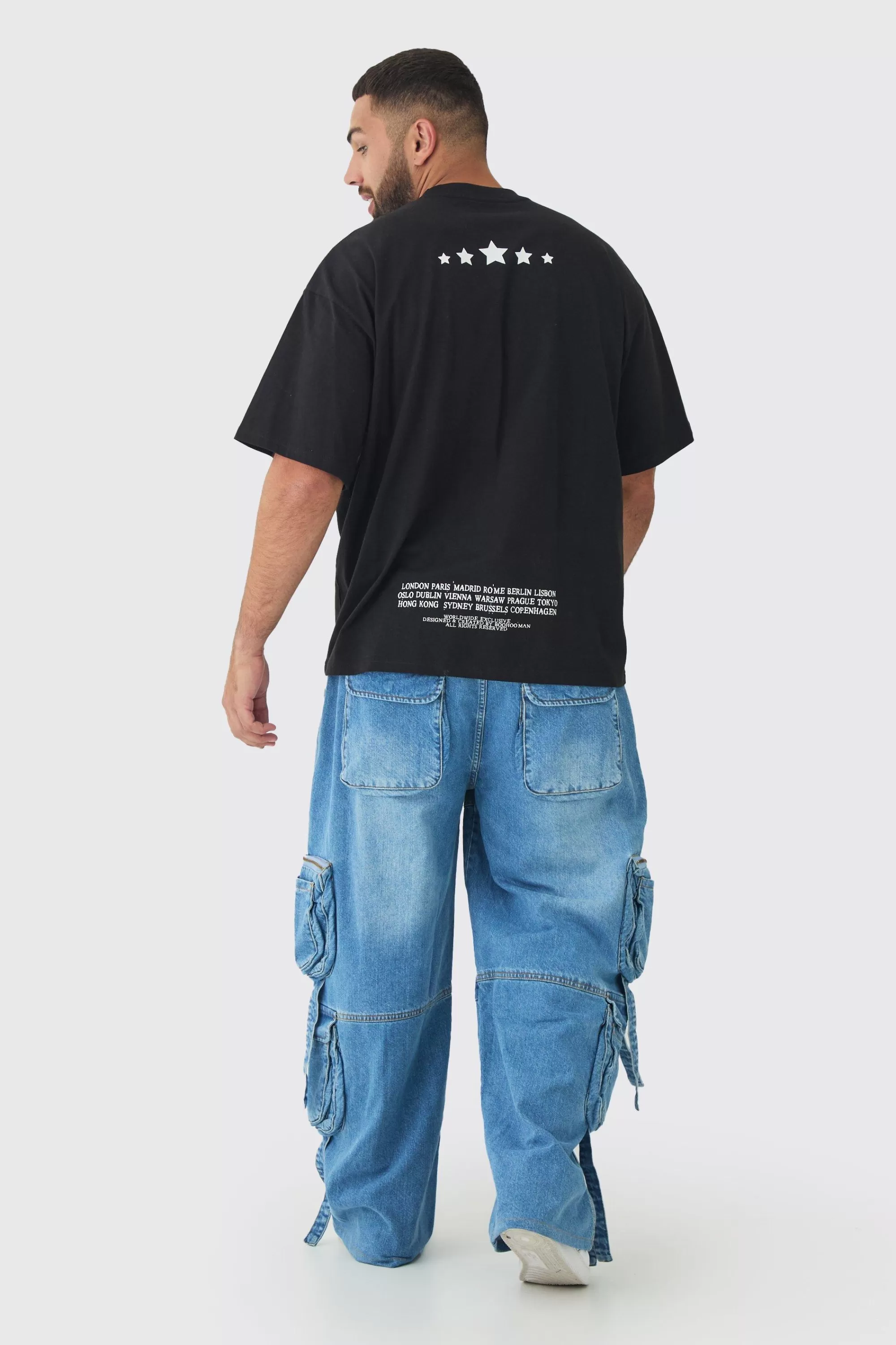 boohooMAN Plus Baggy Rigid Multi Pocket Strap Detail Cargo Jeans | UK