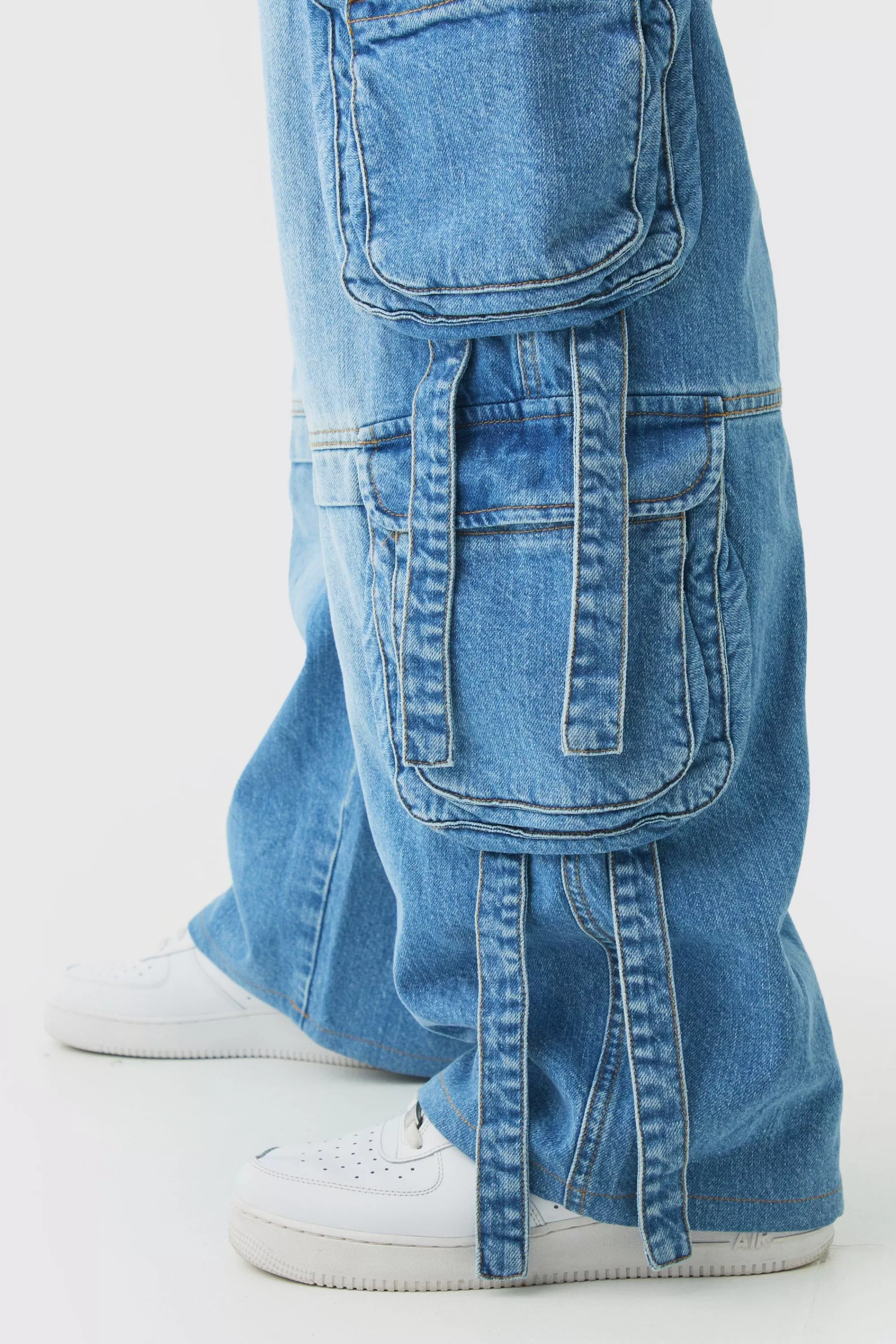 boohooMAN Plus Baggy Rigid Multi Pocket Strap Detail Cargo Jeans | UK
