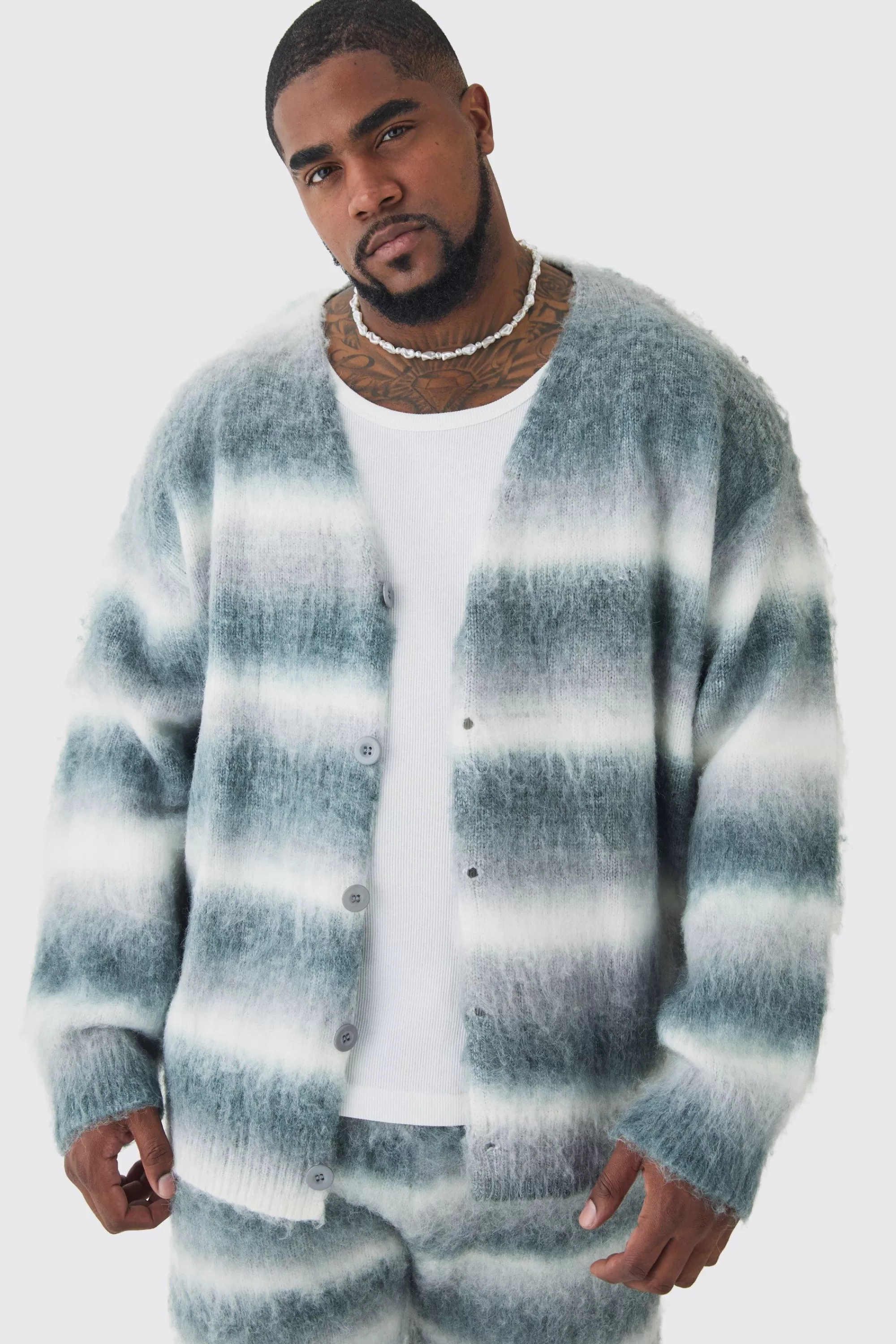 boohooMAN Plus Boxy Fit Knitted Brushed Stripe Cardigan | UK