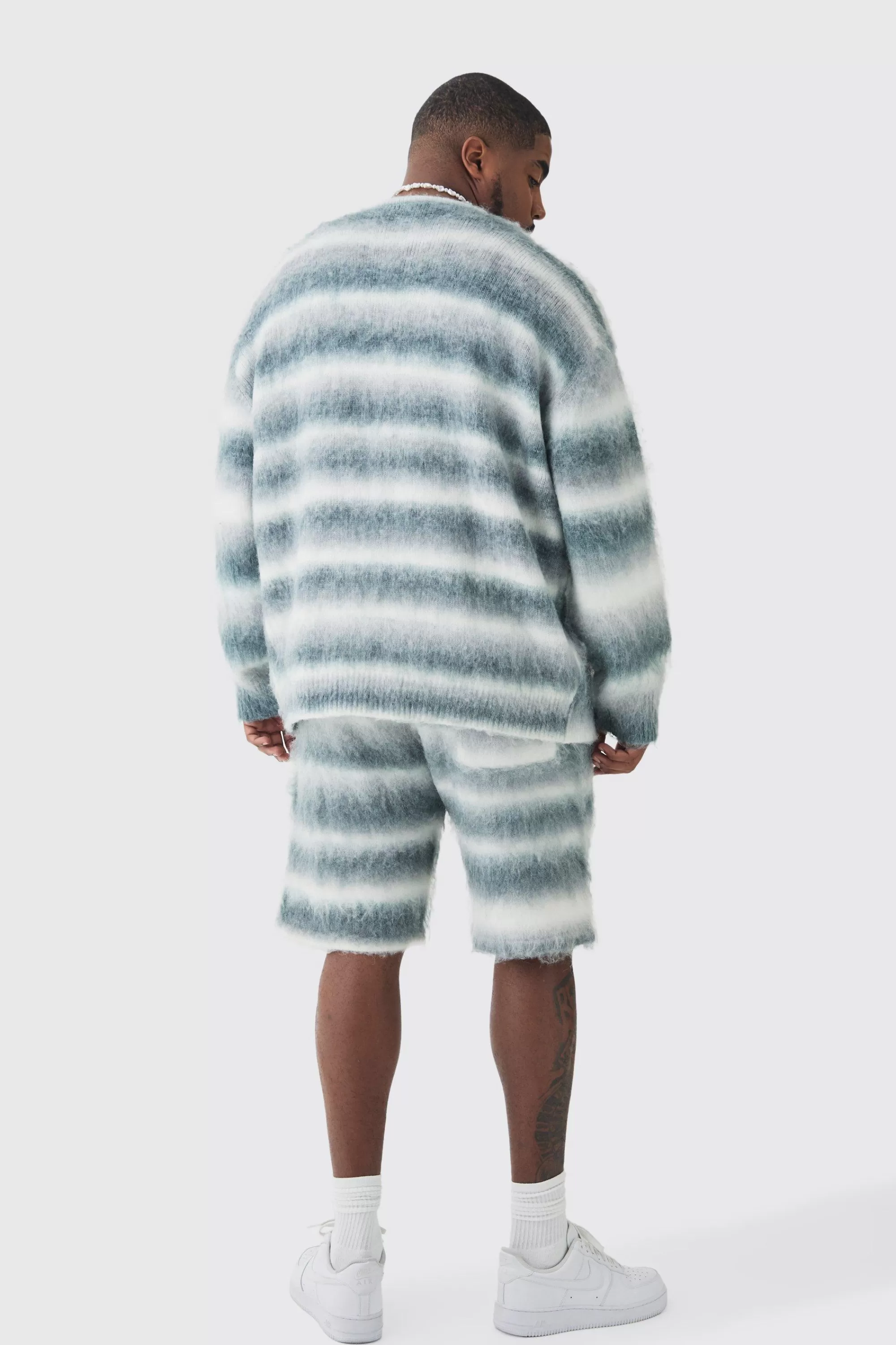boohooMAN Plus Boxy Fit Knitted Brushed Stripe Cardigan | UK
