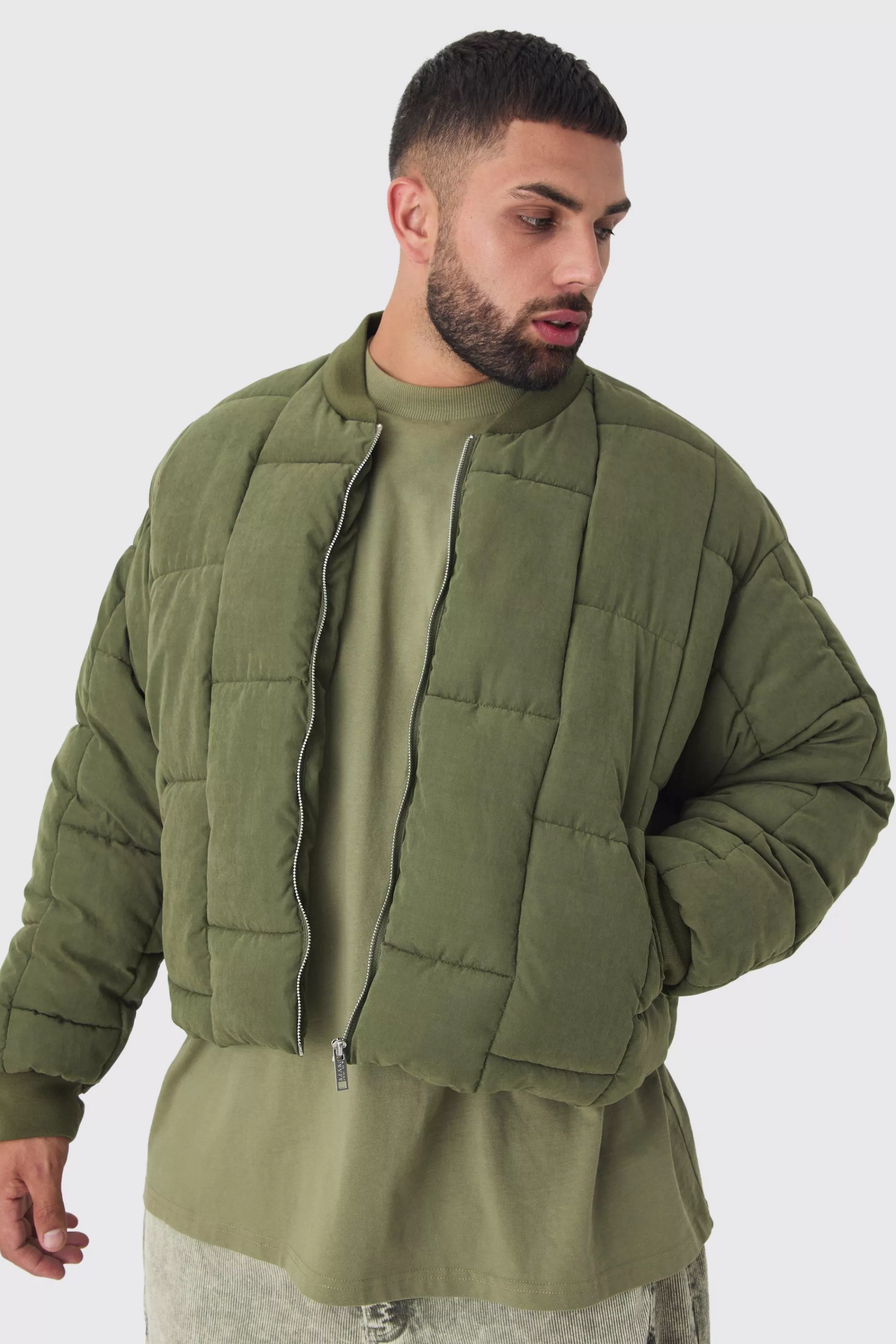 boohooMAN Plus Boxy Peached Square Quilted Bomber Jacket | UK