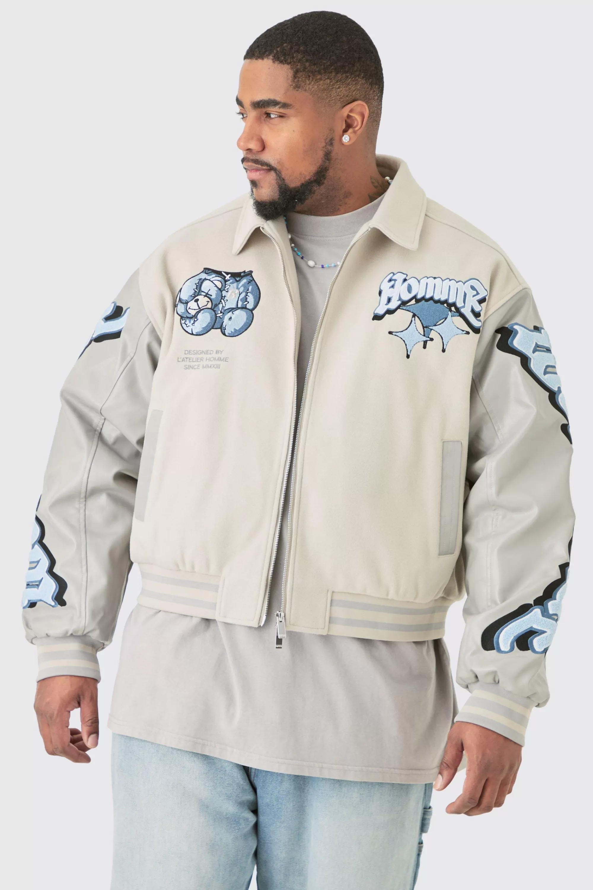 boohooMAN Plus Boxy Teddy Applique Bomber | UK