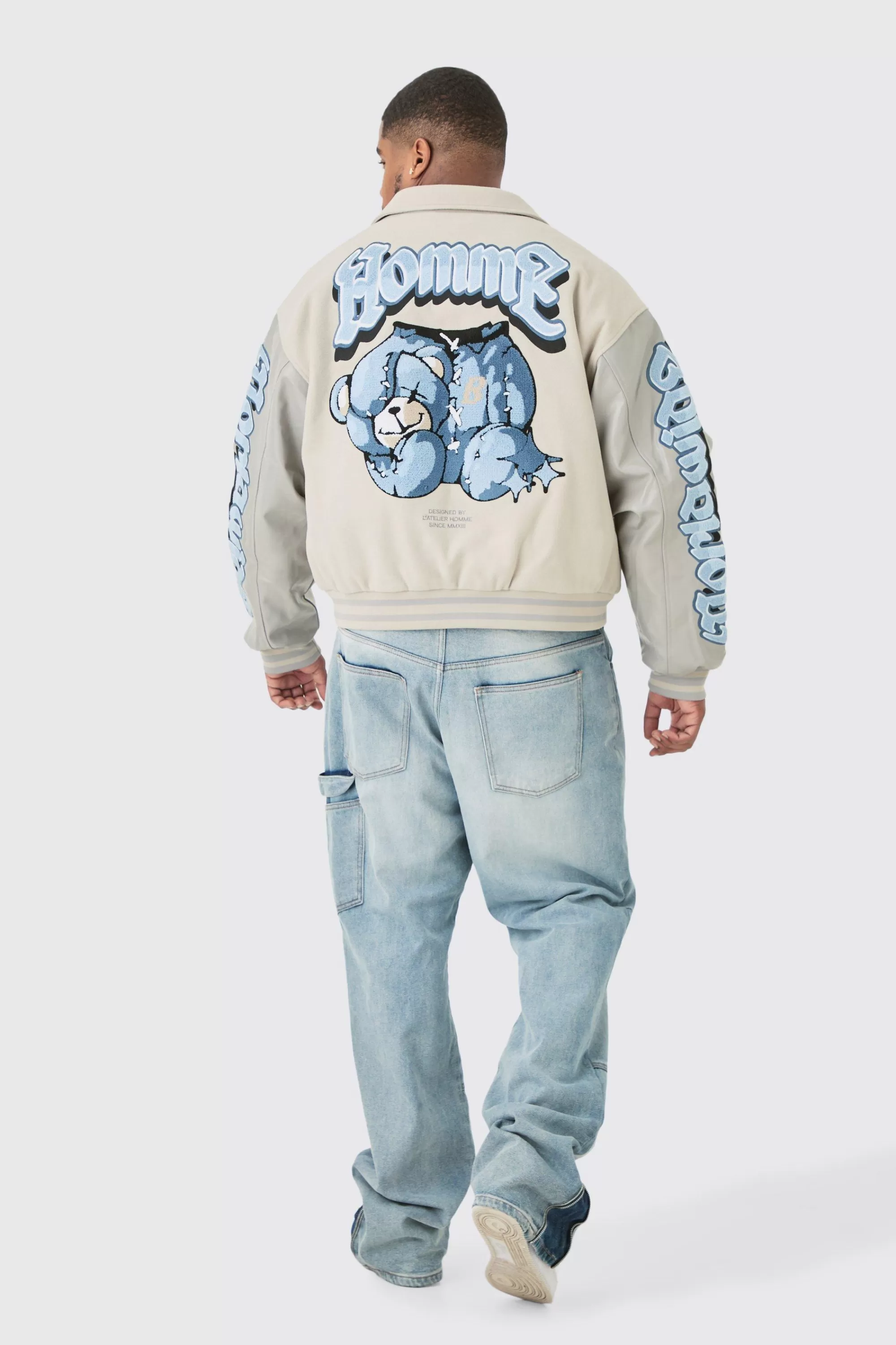 boohooMAN Plus Boxy Teddy Applique Bomber | UK