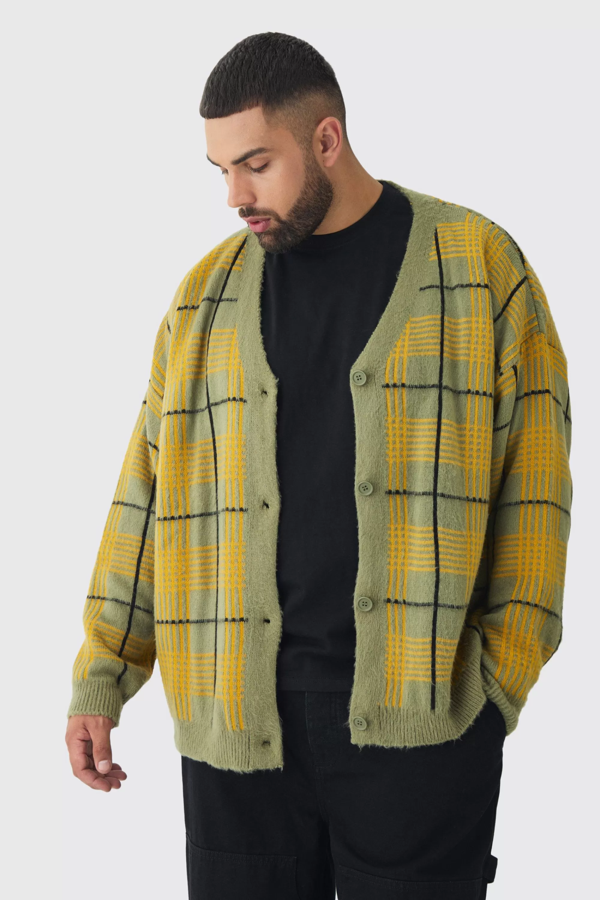 boohooMAN Plus Brushed Knit Check Drop Shoulder Cardigan | UK