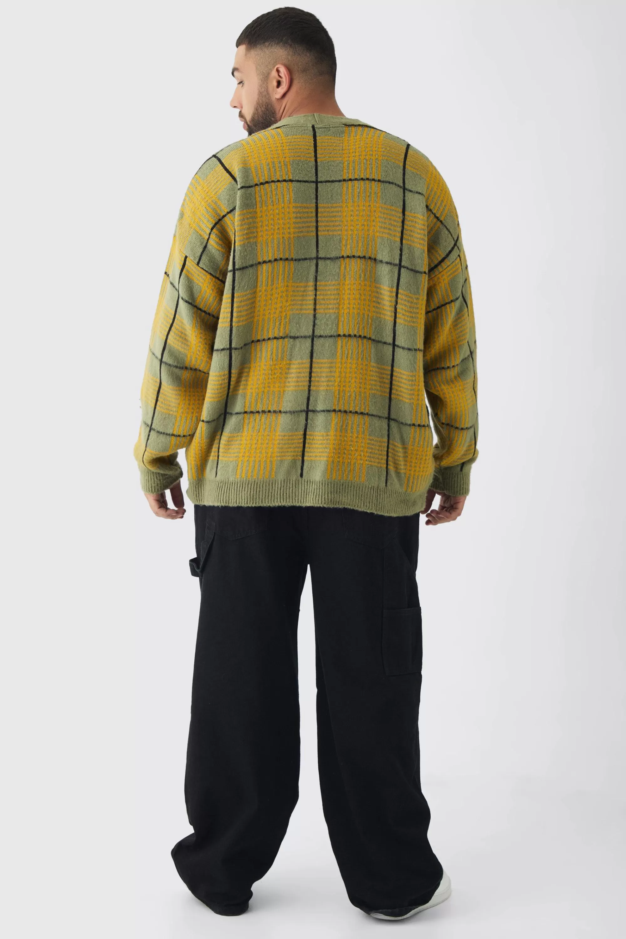 boohooMAN Plus Brushed Knit Check Drop Shoulder Cardigan | UK