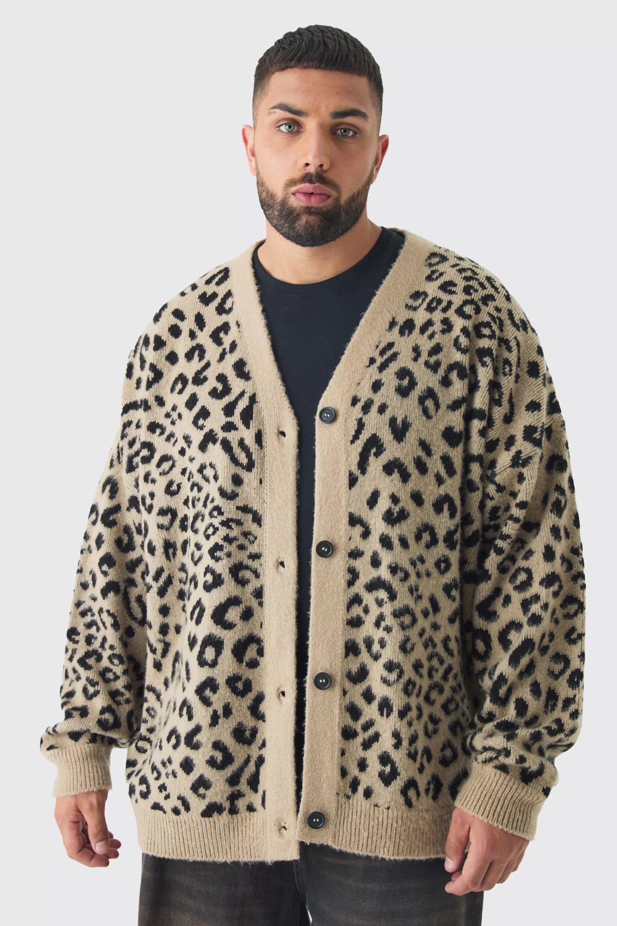 boohooMAN Plus Brushed Knit Leopard Print Oversized Cardigan | UK