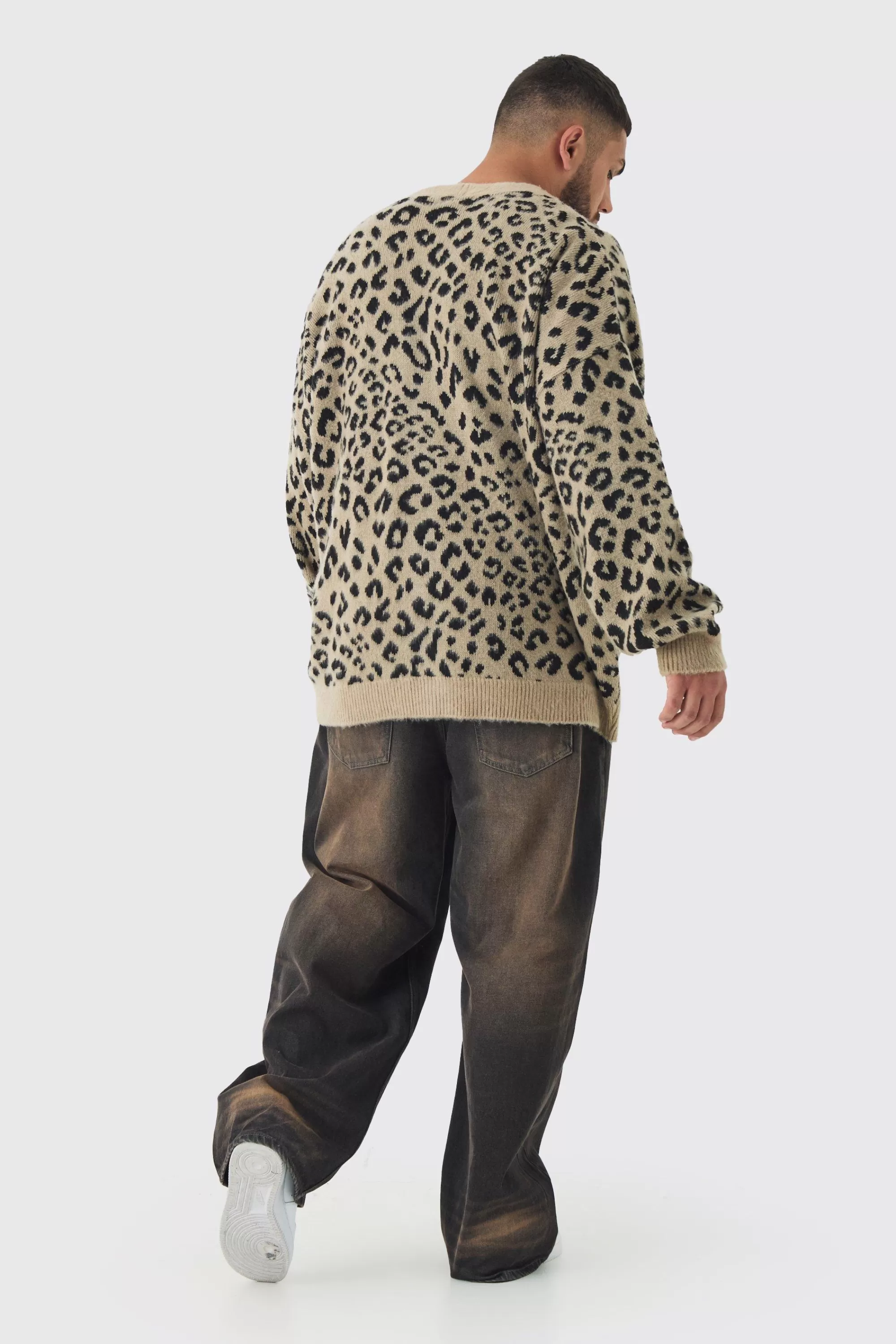 boohooMAN Plus Brushed Knit Leopard Print Oversized Cardigan | UK