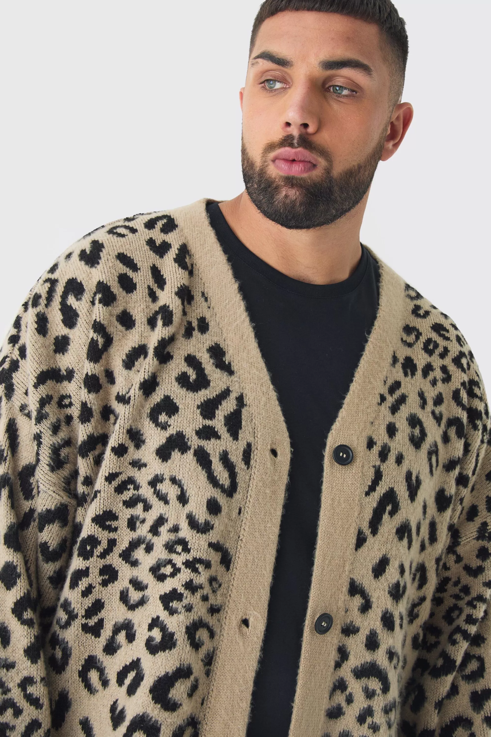 boohooMAN Plus Brushed Knit Leopard Print Oversized Cardigan | UK