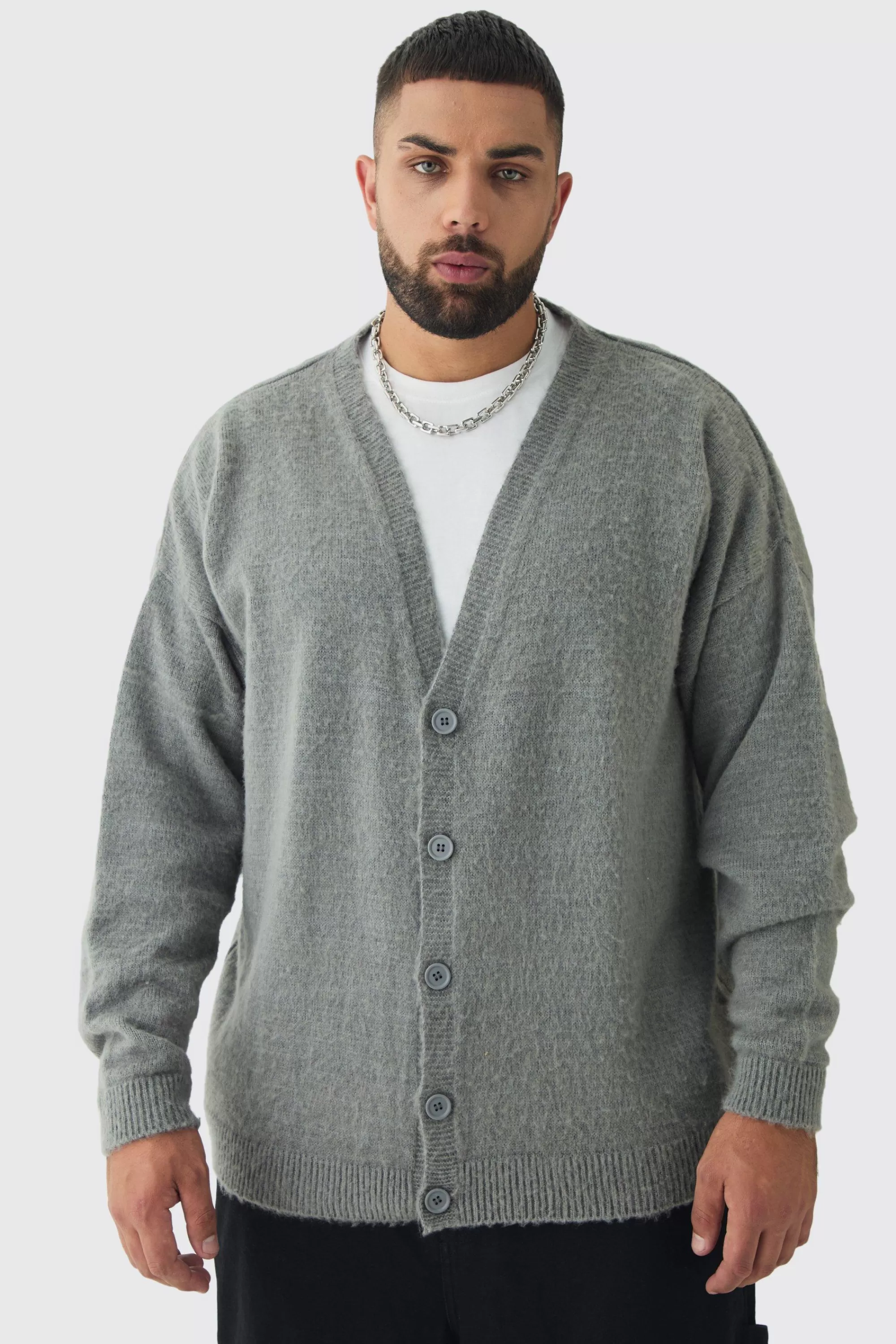 boohooMAN Plus Brushed Knit Oversized Drop Shoulder Cardigan | UK