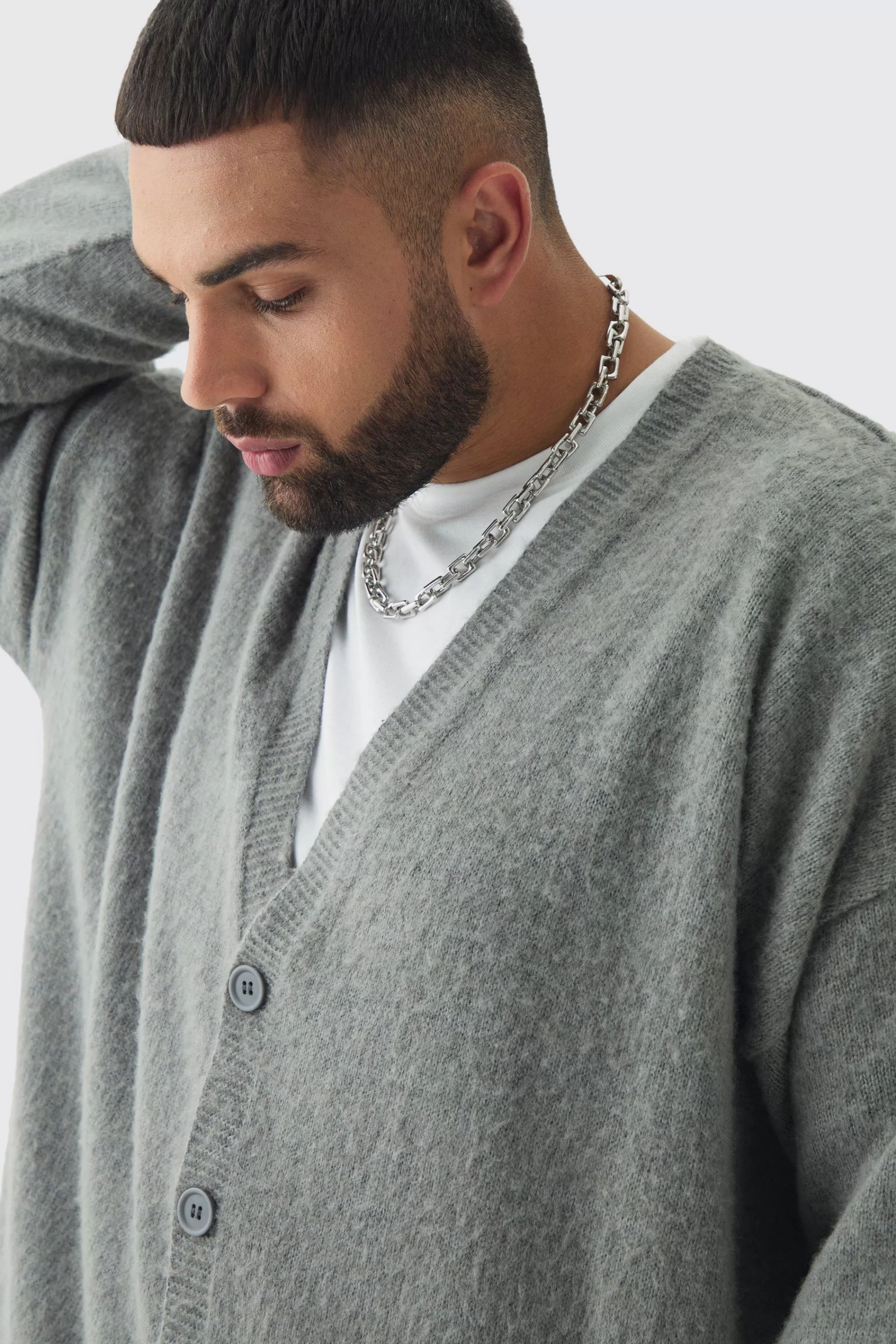 boohooMAN Plus Brushed Knit Oversized Drop Shoulder Cardigan | UK