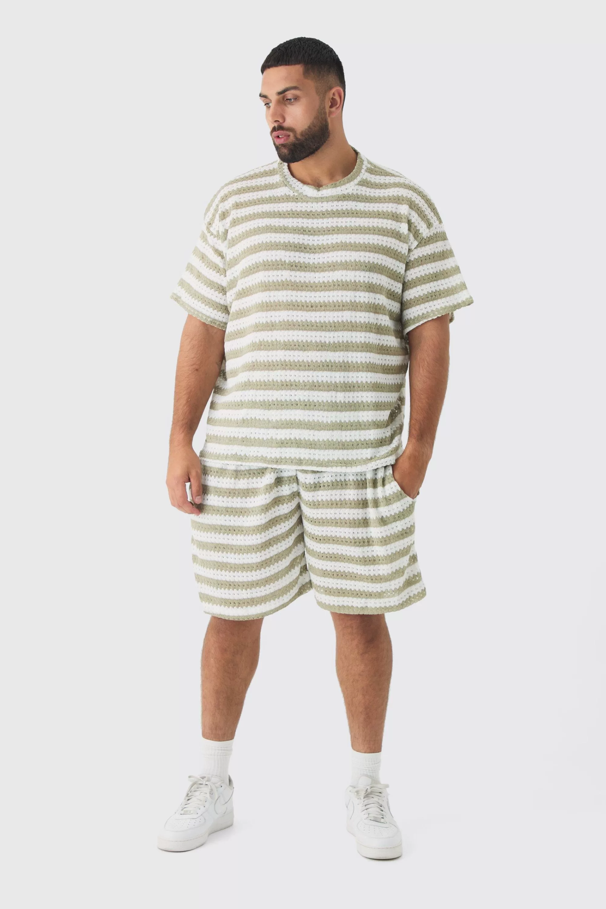 boohooMAN Plus Crochet Striped T-shirt And Short Set | UK