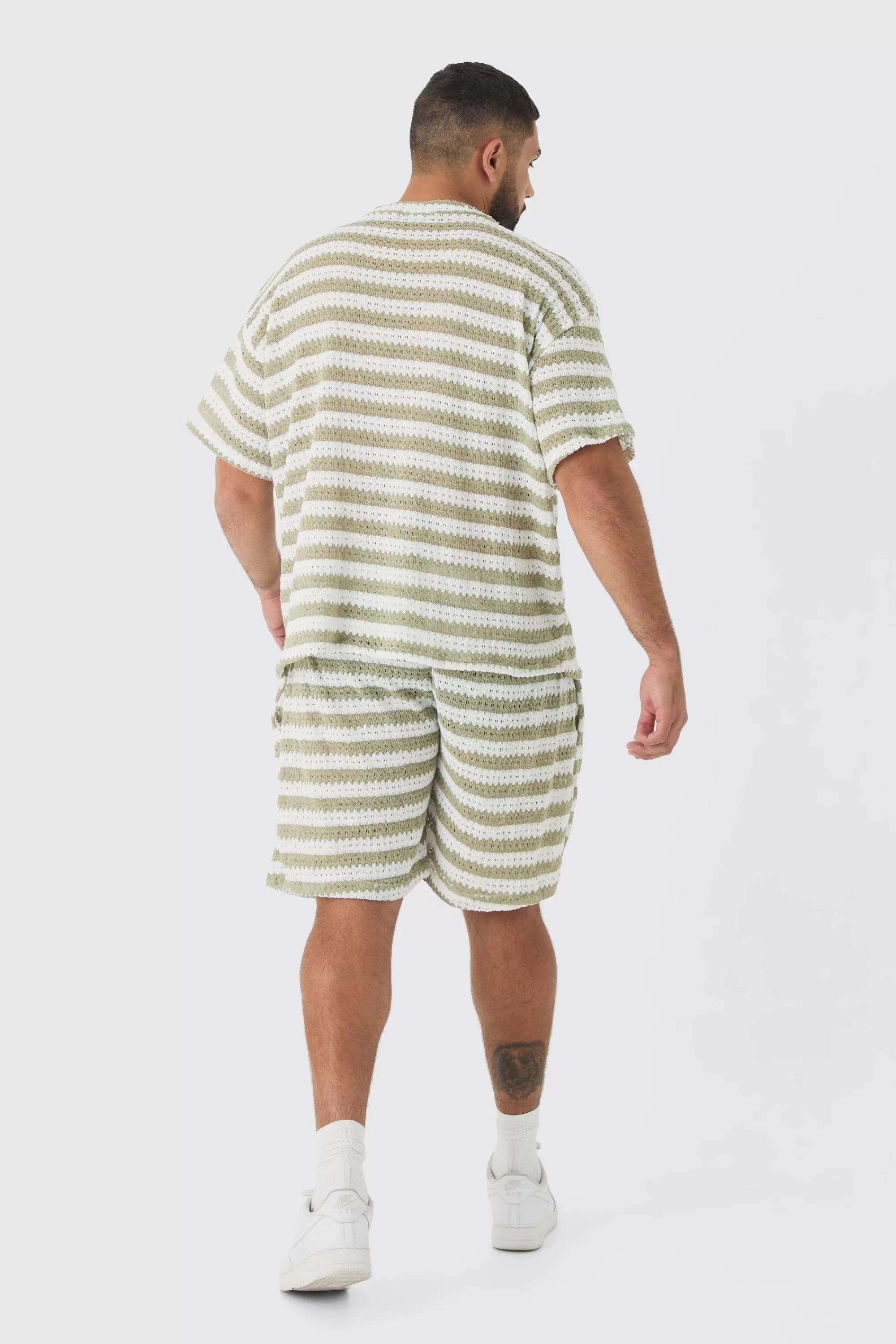 boohooMAN Plus Crochet Striped T-shirt And Short Set | UK