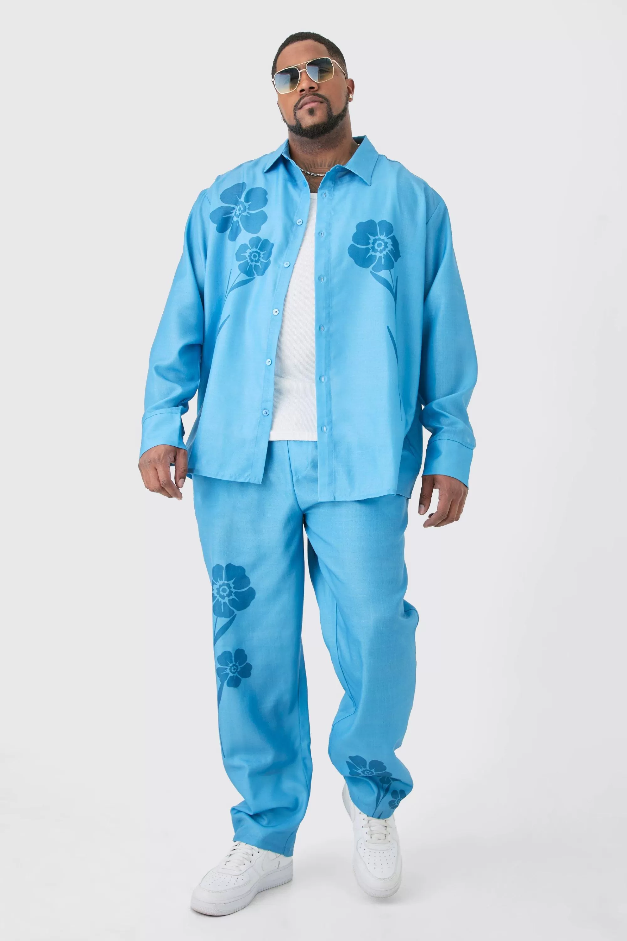 boohooMAN Plus Long Sleeve Floral Linen Look Shirt & Trouser Set | UK