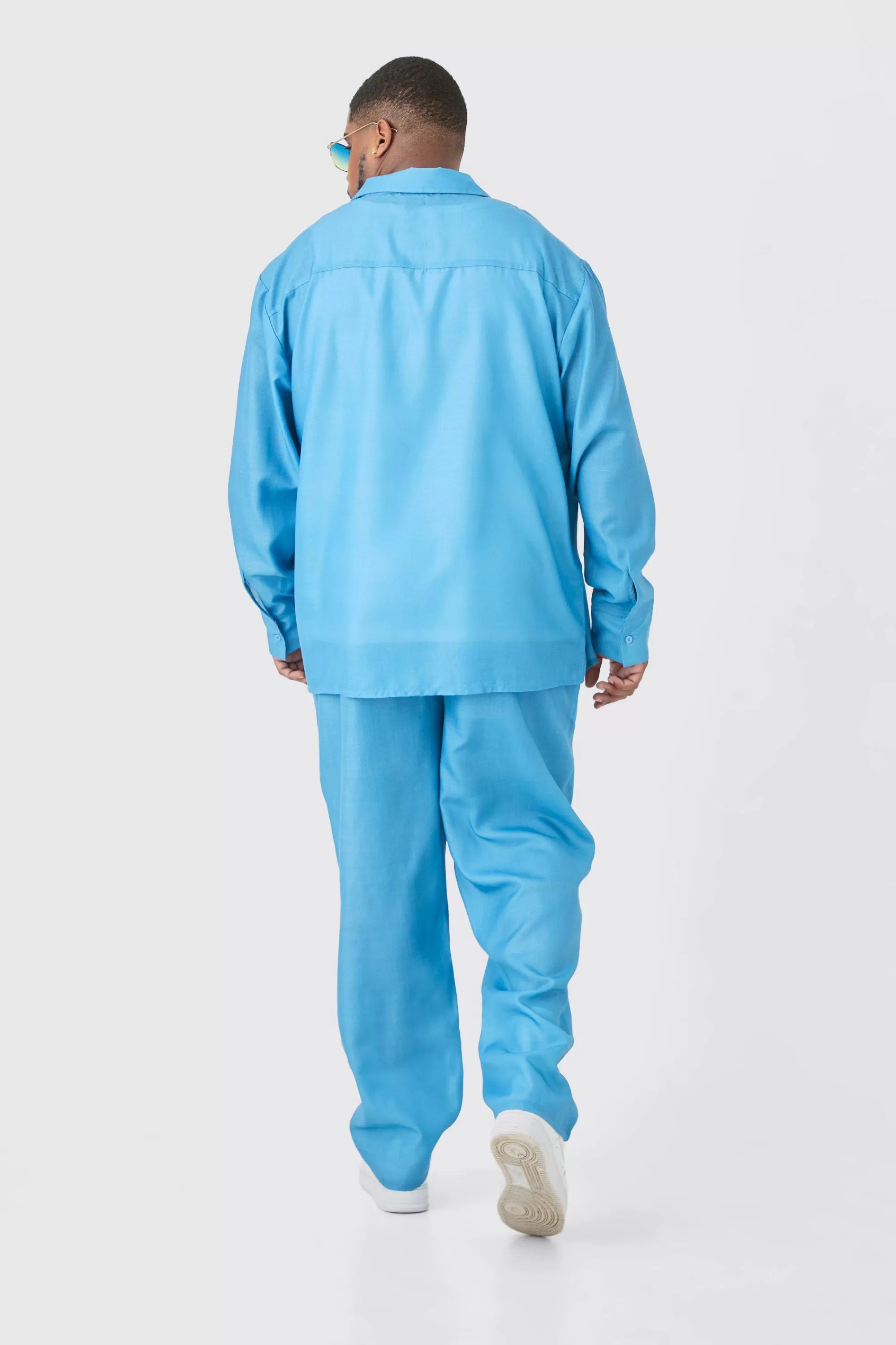 boohooMAN Plus Long Sleeve Floral Linen Look Shirt & Trouser Set | UK