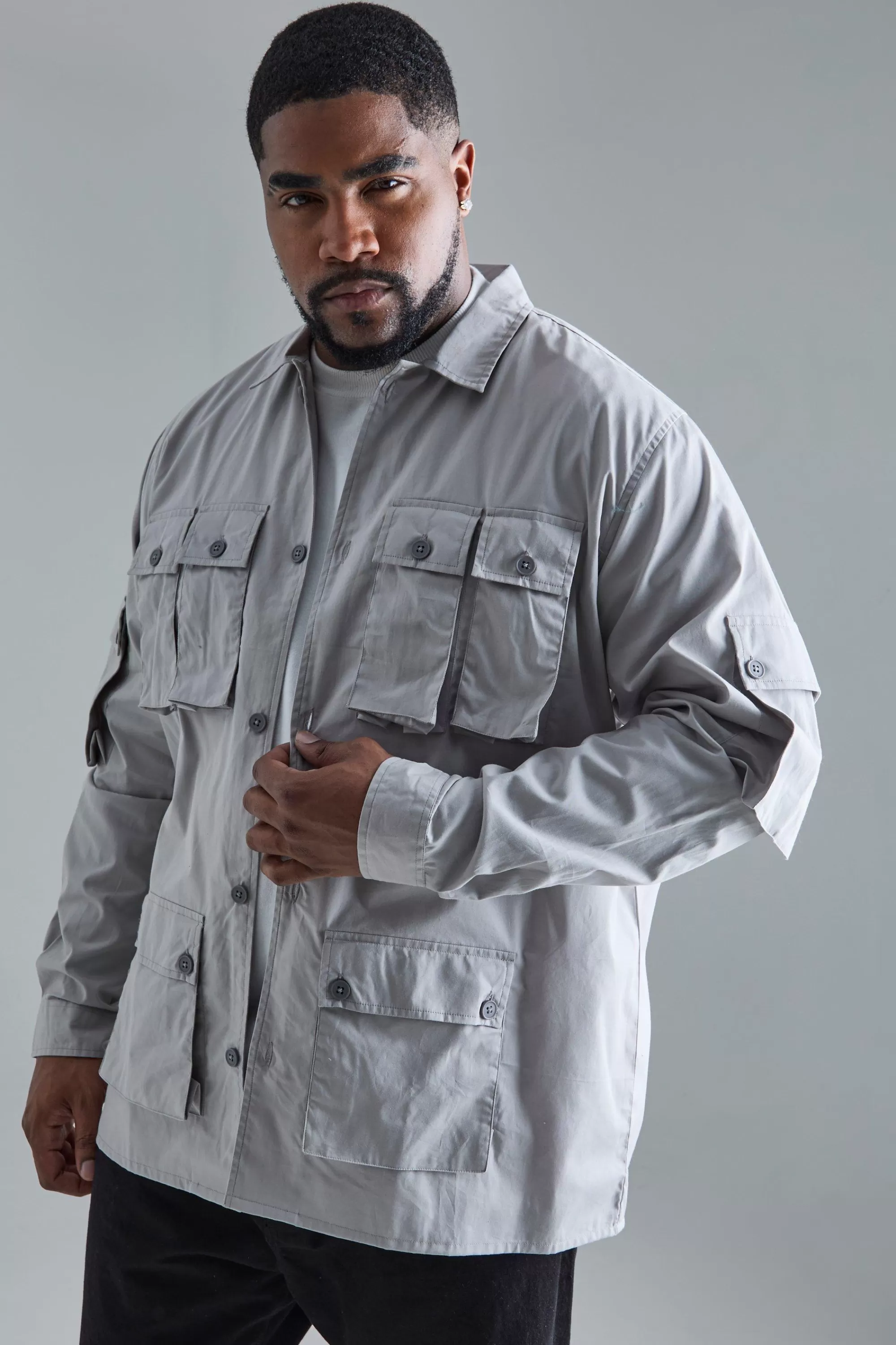 boohooMAN Plus Long Sleeve Poplin Utility Pocket Overshirt | UK