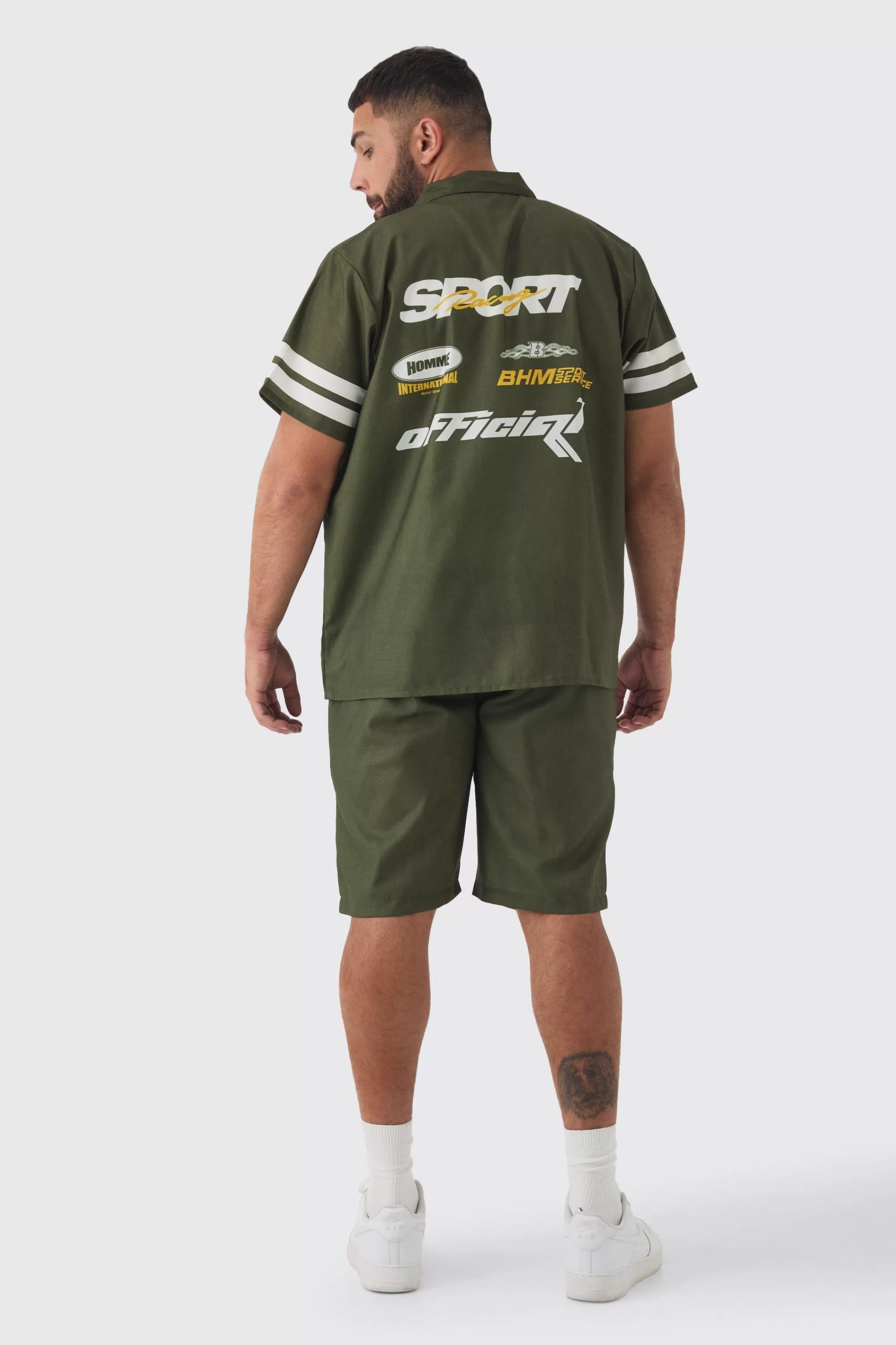 boohooMAN Plus Moto Print Shirt & Short Set In | UK