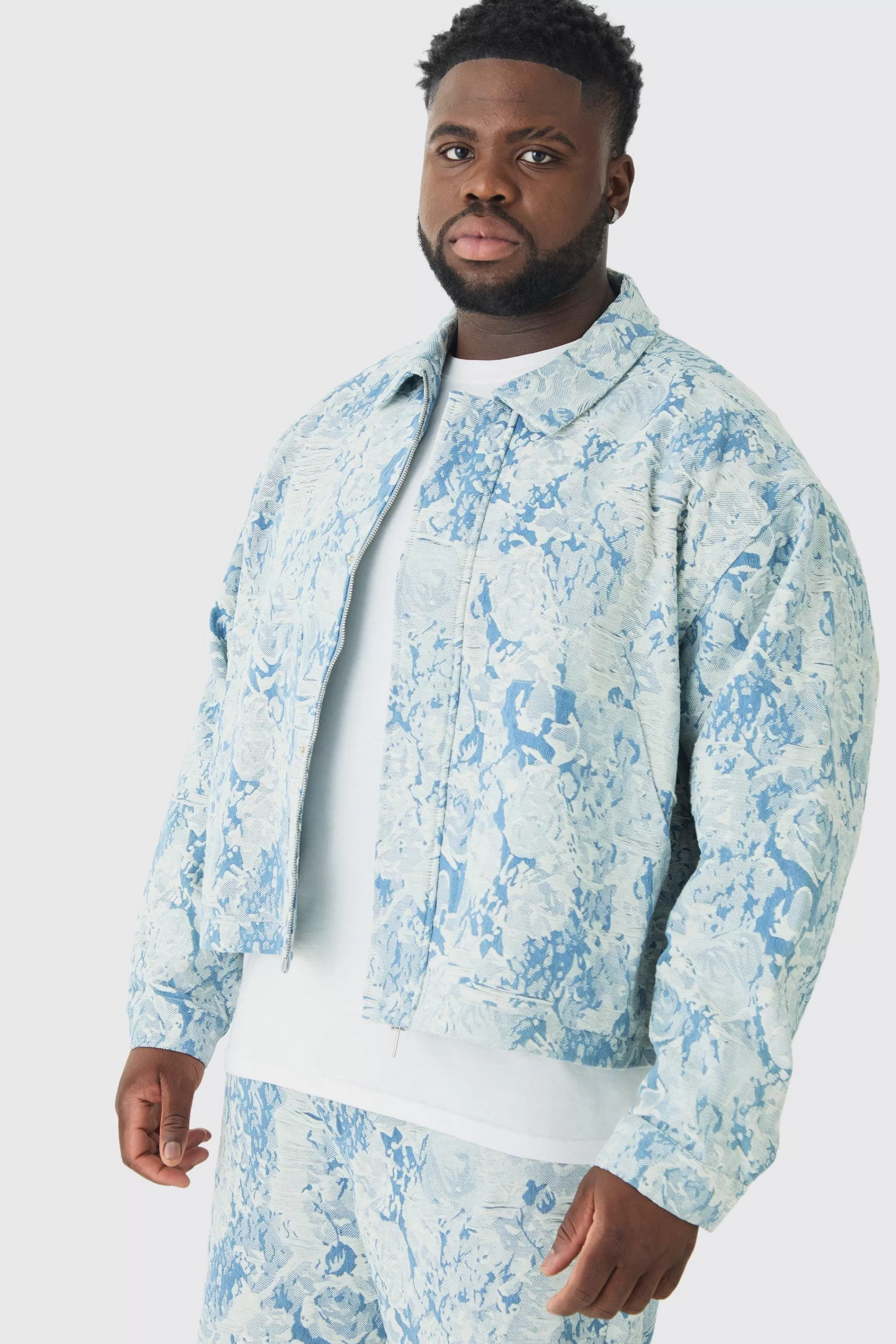 boohooMAN Plus Oversized Fit Fabric Interest Denim Jacket | UK