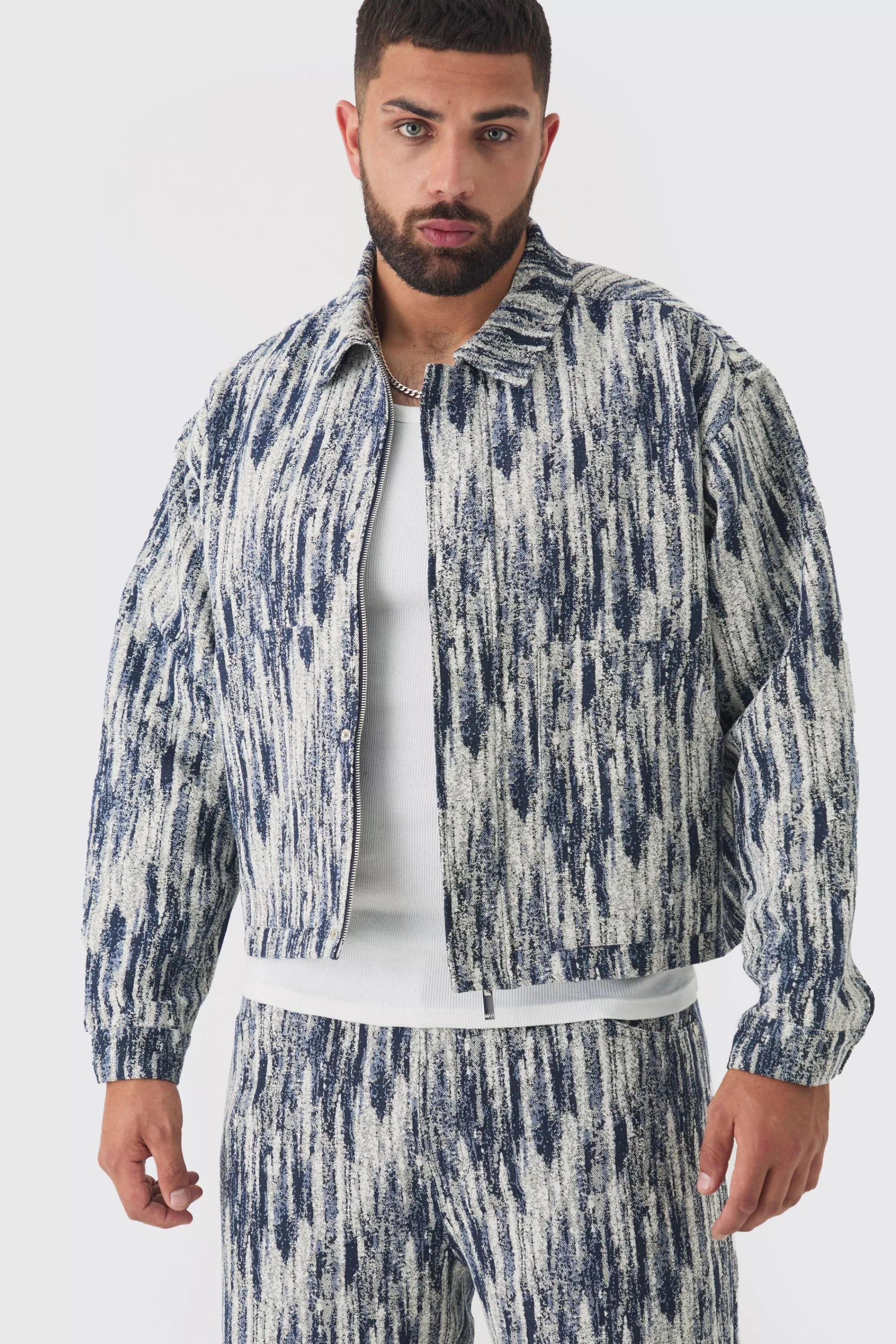 boohooMAN Plus Oversized Fit Fabric Interest Denim Jacket | UK
