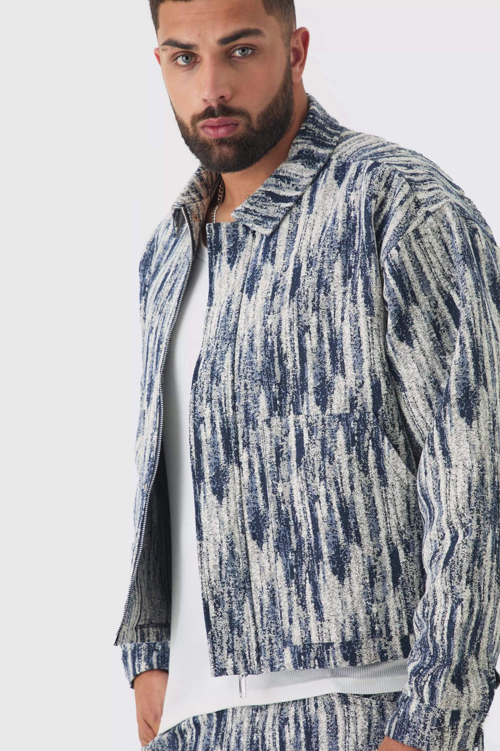 boohooMAN Plus Oversized Fit Fabric Interest Denim Jacket | UK