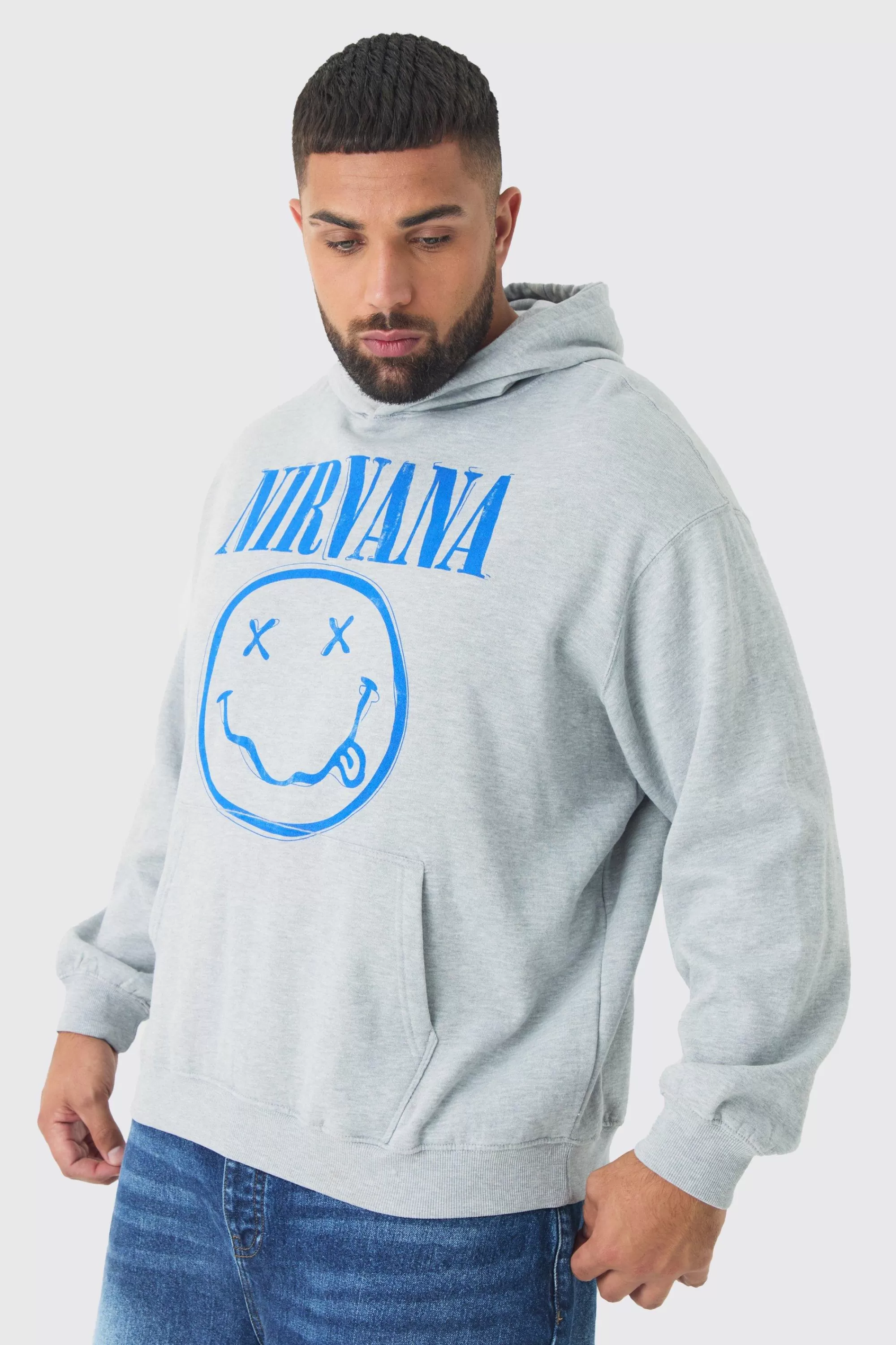 boohooMAN Plus Oversized Nirvana Face License Print Hoodie | UK