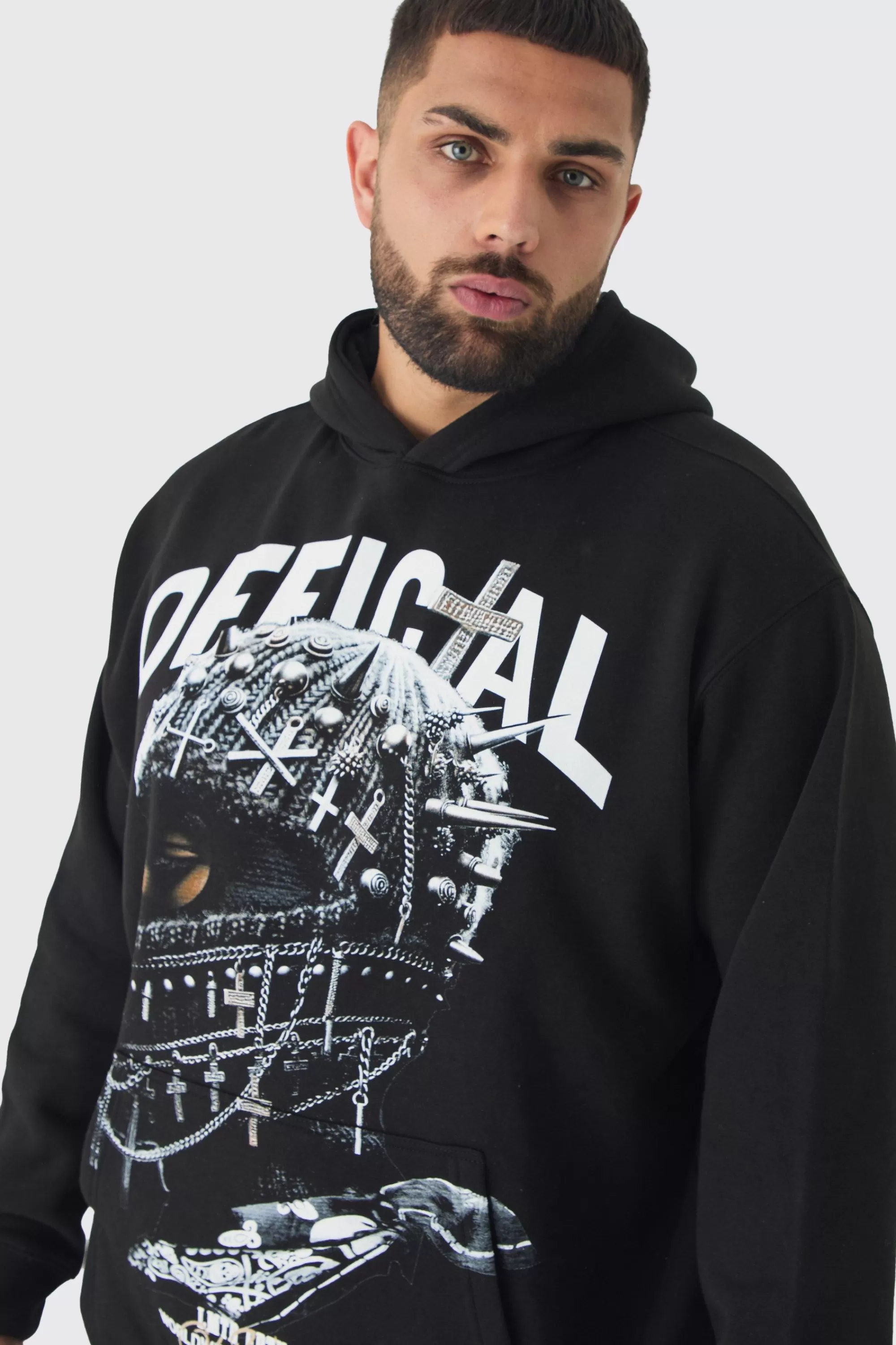 boohooMAN Plus Oversized Official Balaclava Print Hoodie | UK