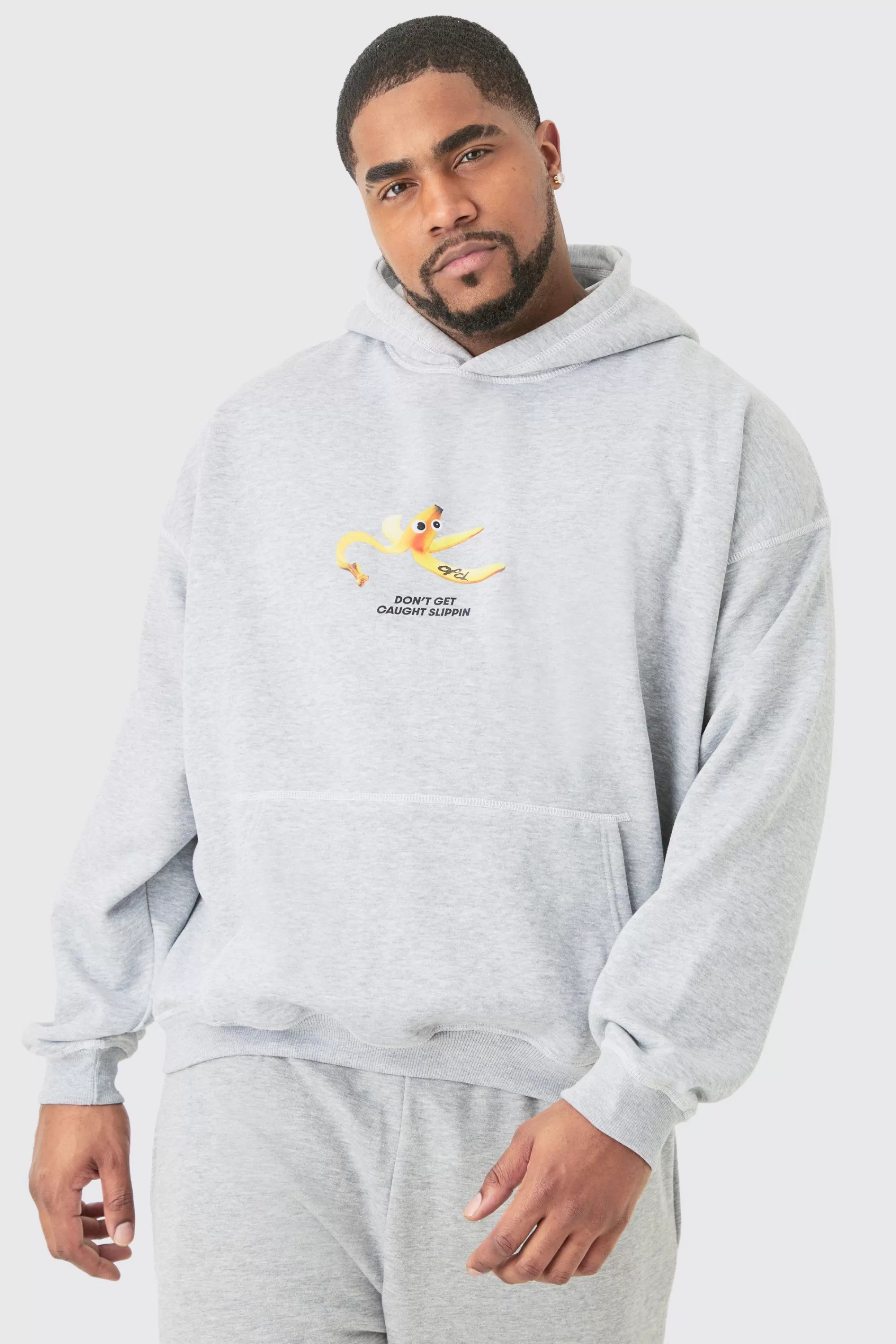 boohooMAN Plus Oversized Plush Boxy Drop Shoulder Printed Hoodie | UK
