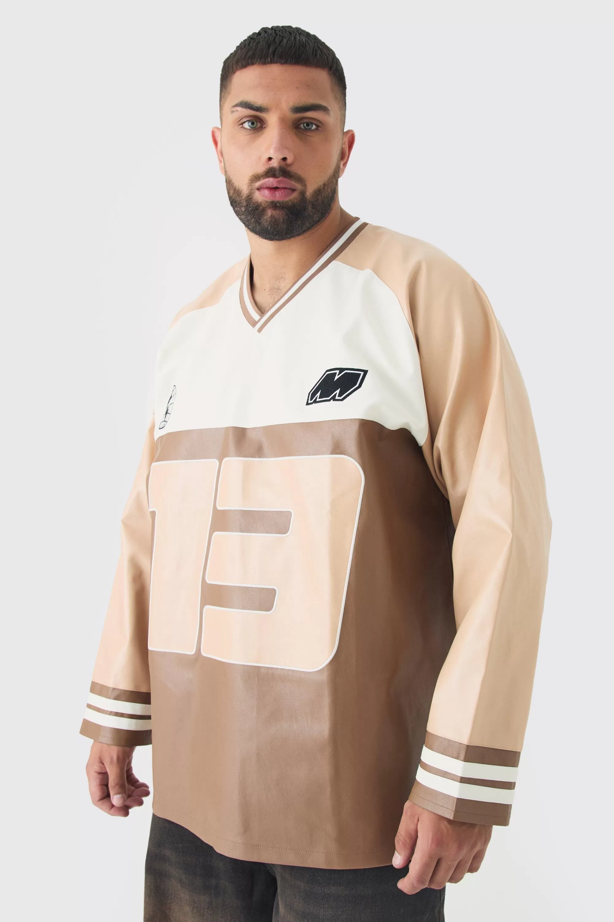 boohooMAN Plus Oversized PU Raglan Embroidered Varsity Shirt | UK