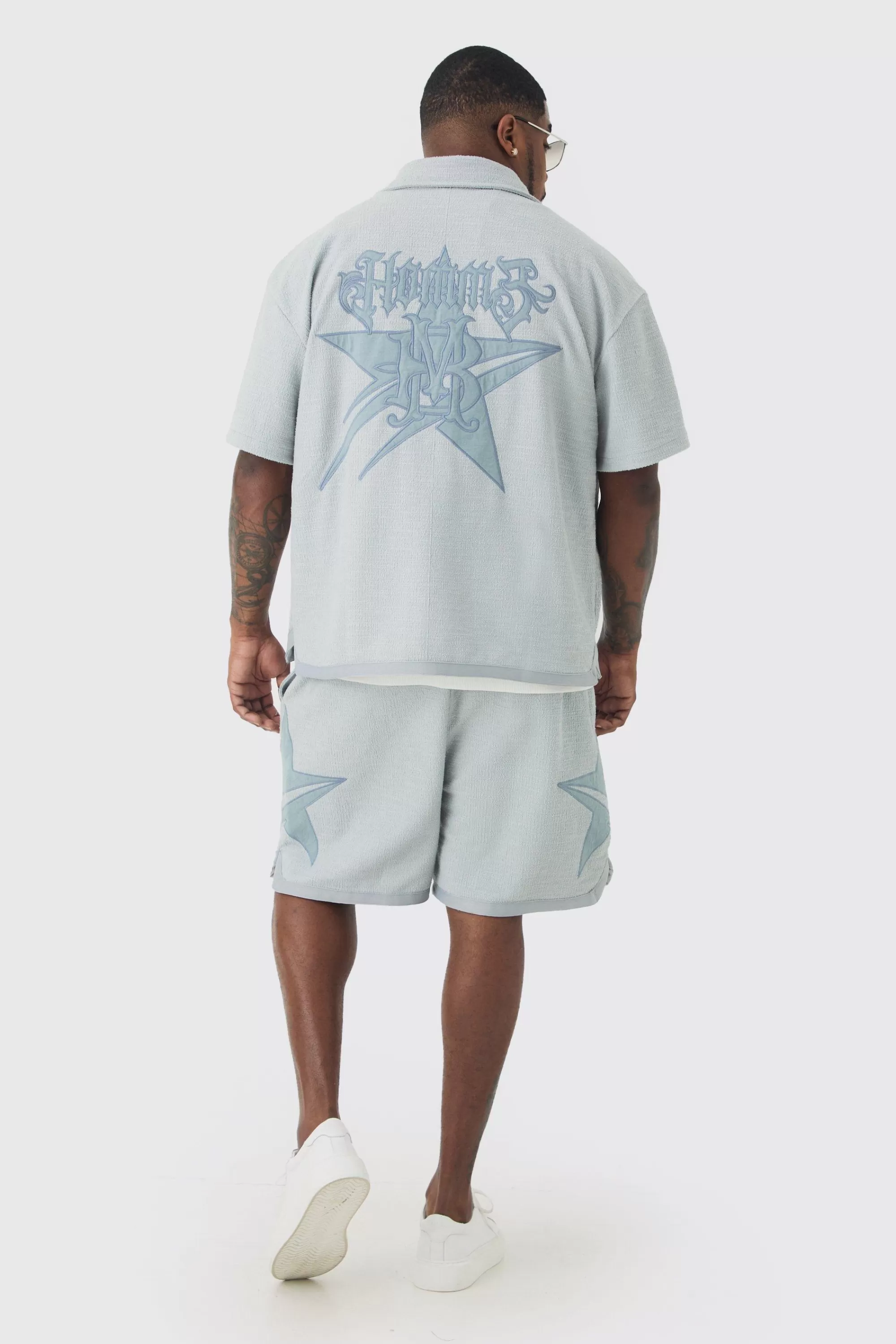 boohooMAN Plus Oversized Textured Star Embroidered Shirt | UK