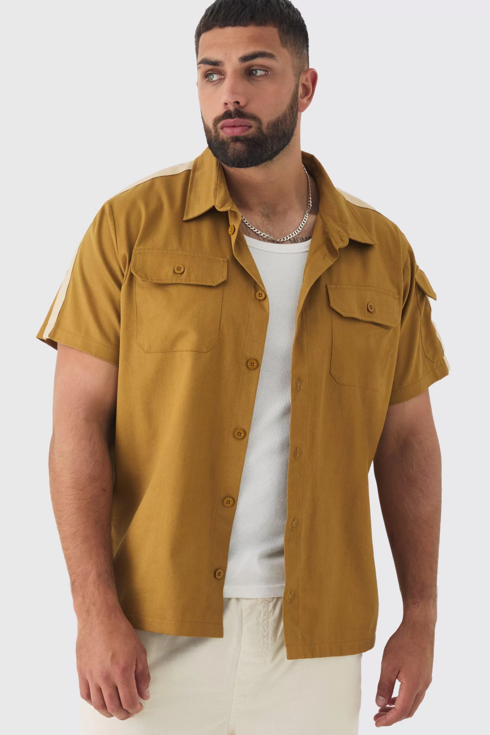 boohooMAN Plus Regular Panel Twill Shirt | UK