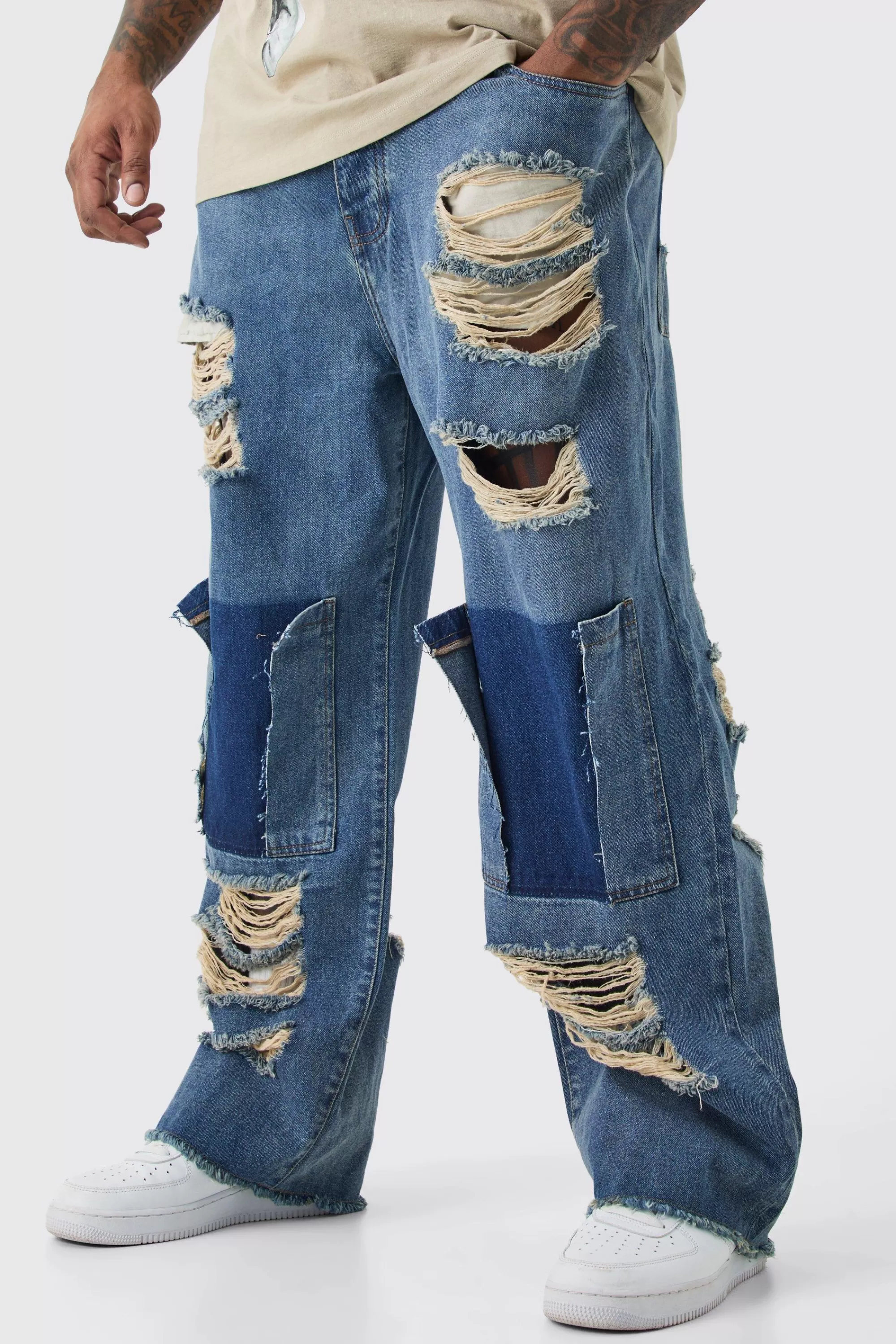 boohooMAN Plus Relaxed Rigid Distressed Jeans | UK