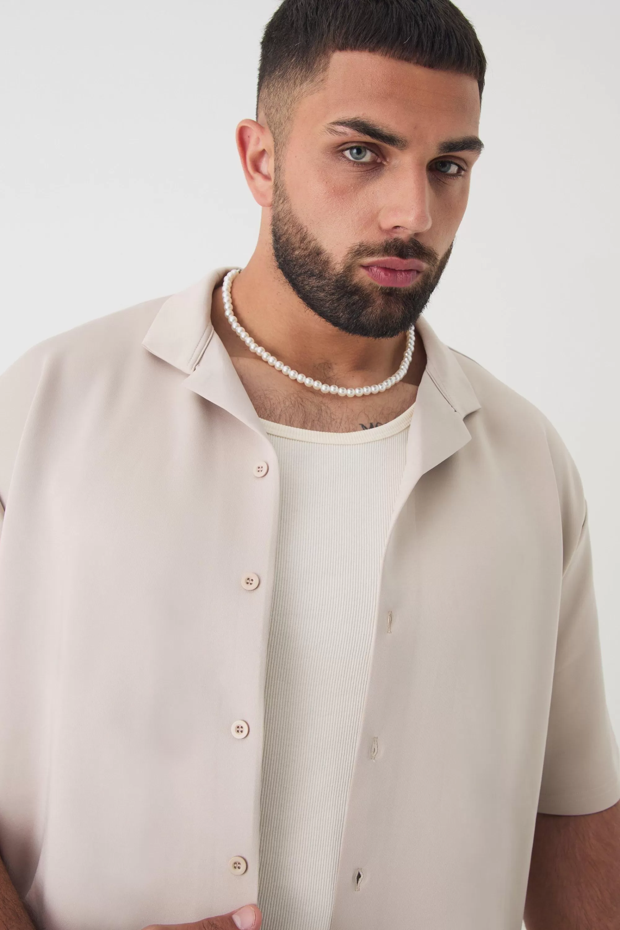 boohooMAN Plus Scuba Drop Revere Shirt & Short Set | UK