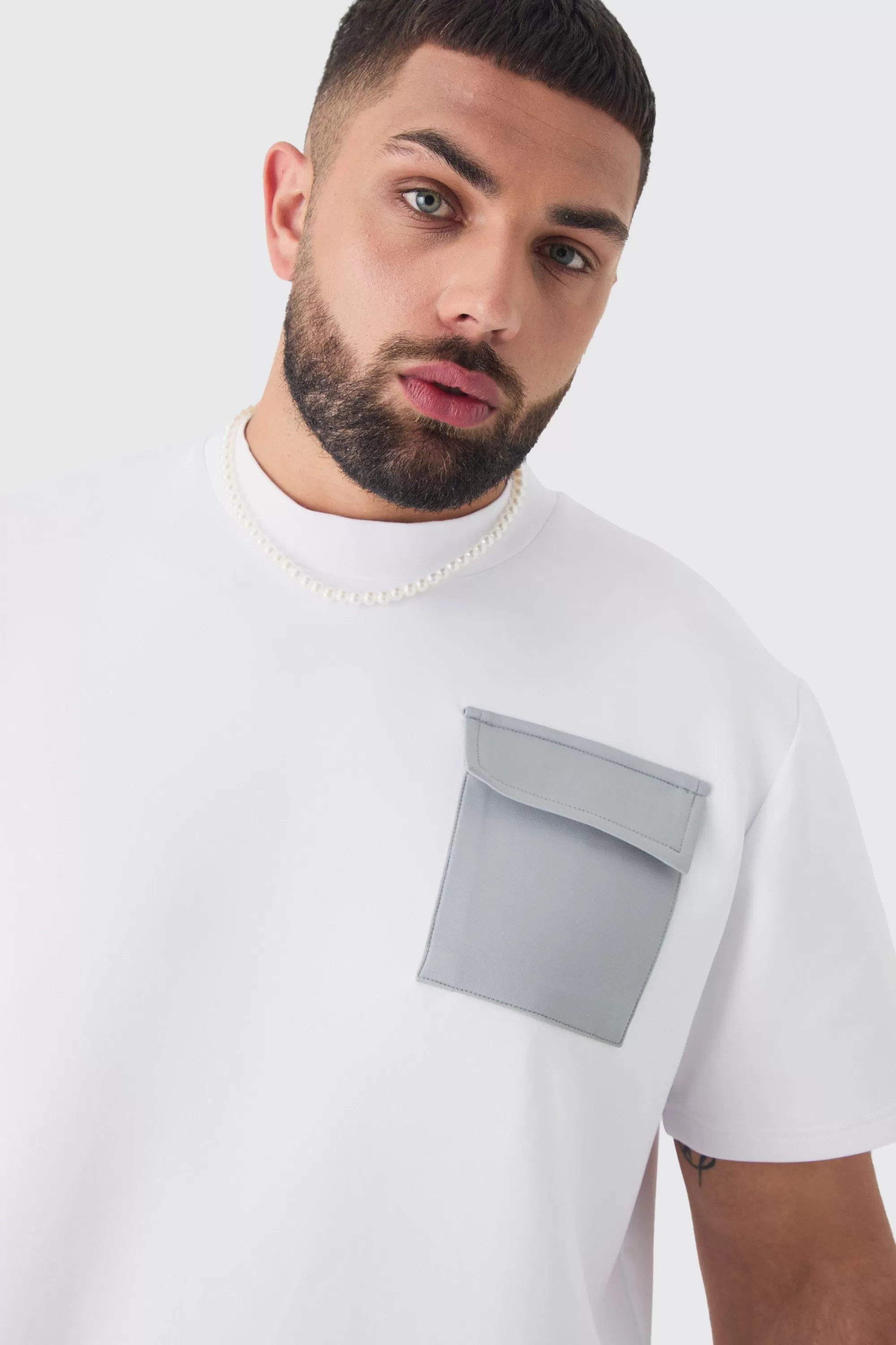 boohooMAN Plus Scuba Extended Neck Pocket T-shirt & Cargo Short Set | UK