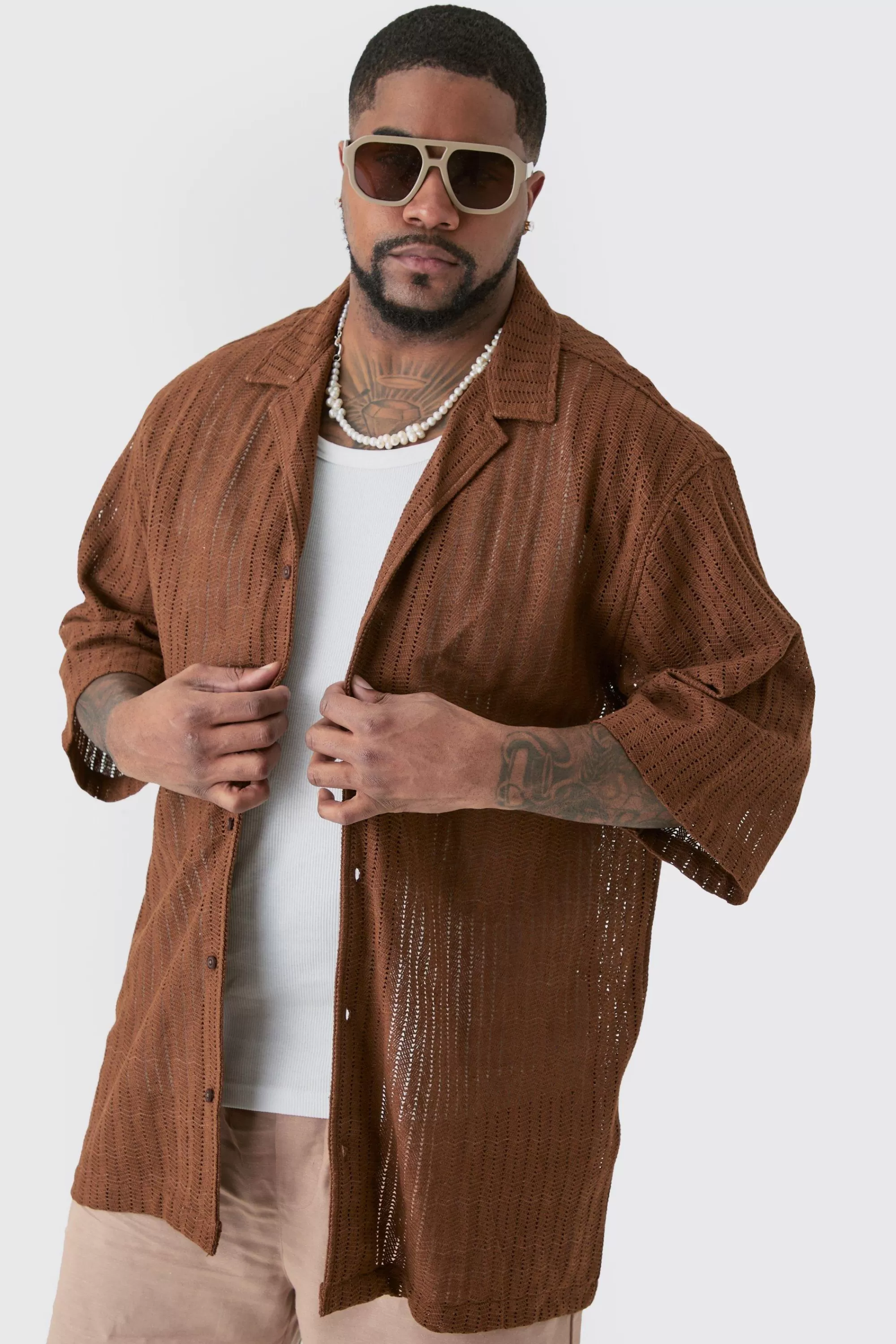boohooMAN Plus Short Sleeve Drop Revere Open Weave Shirt | UK