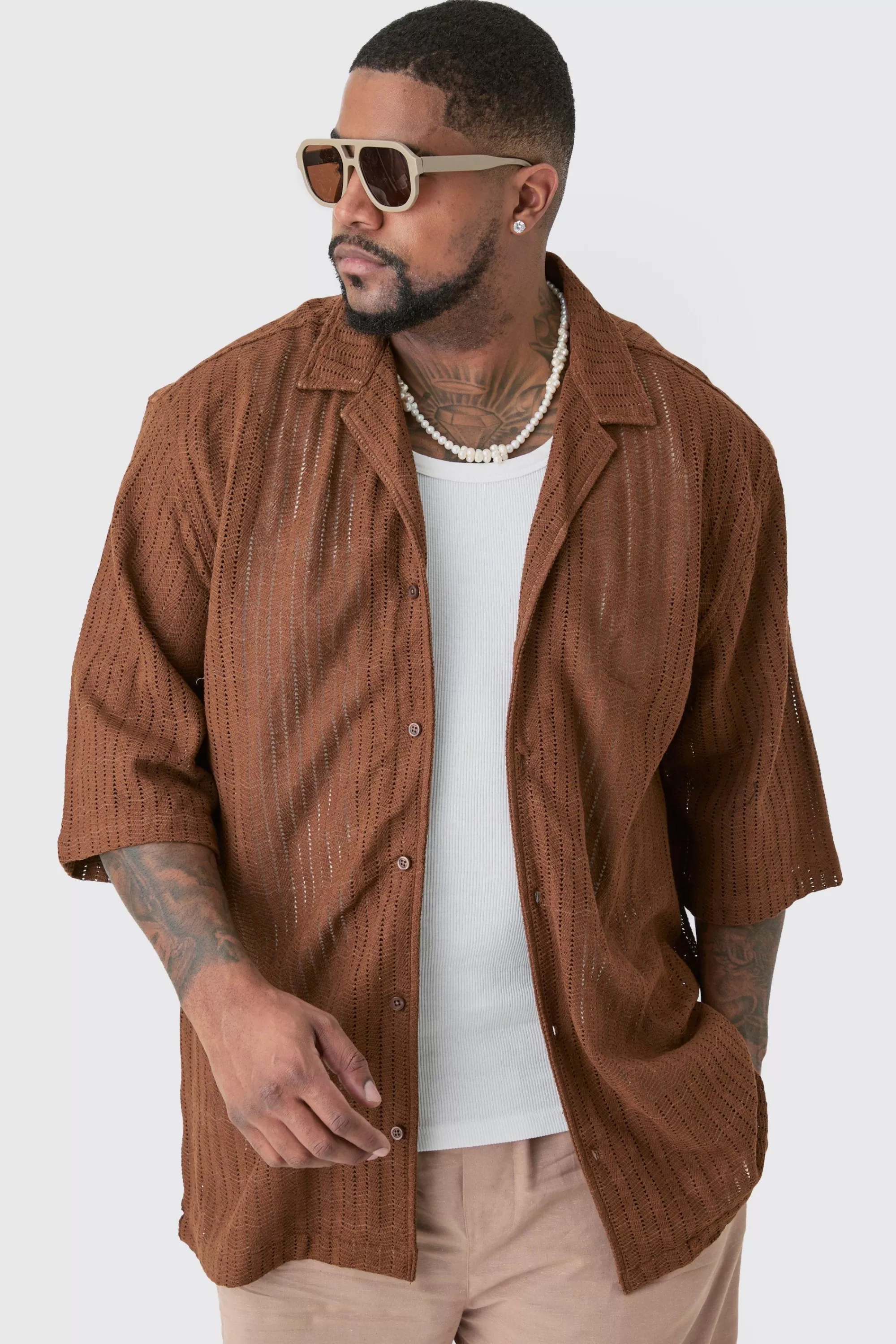 boohooMAN Plus Short Sleeve Drop Revere Open Weave Shirt | UK